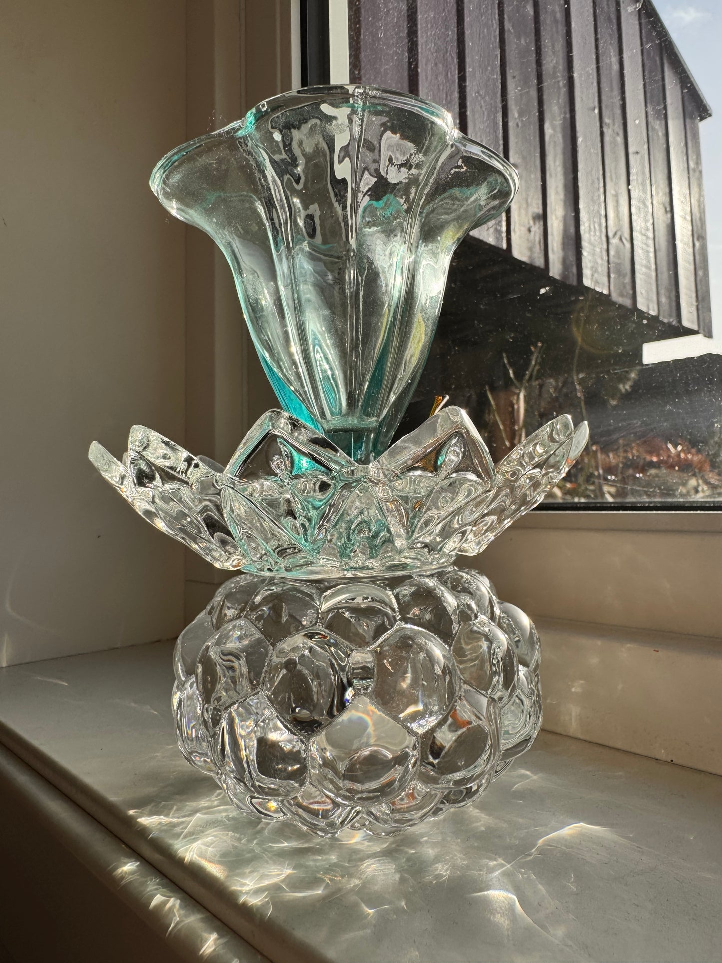 Vintage lysestake Orrefors krystall og med turkis fot