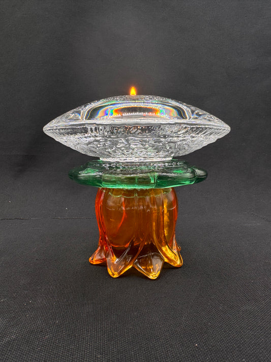 Vintage lysestake Orrefors krystall og med oransje/grønn