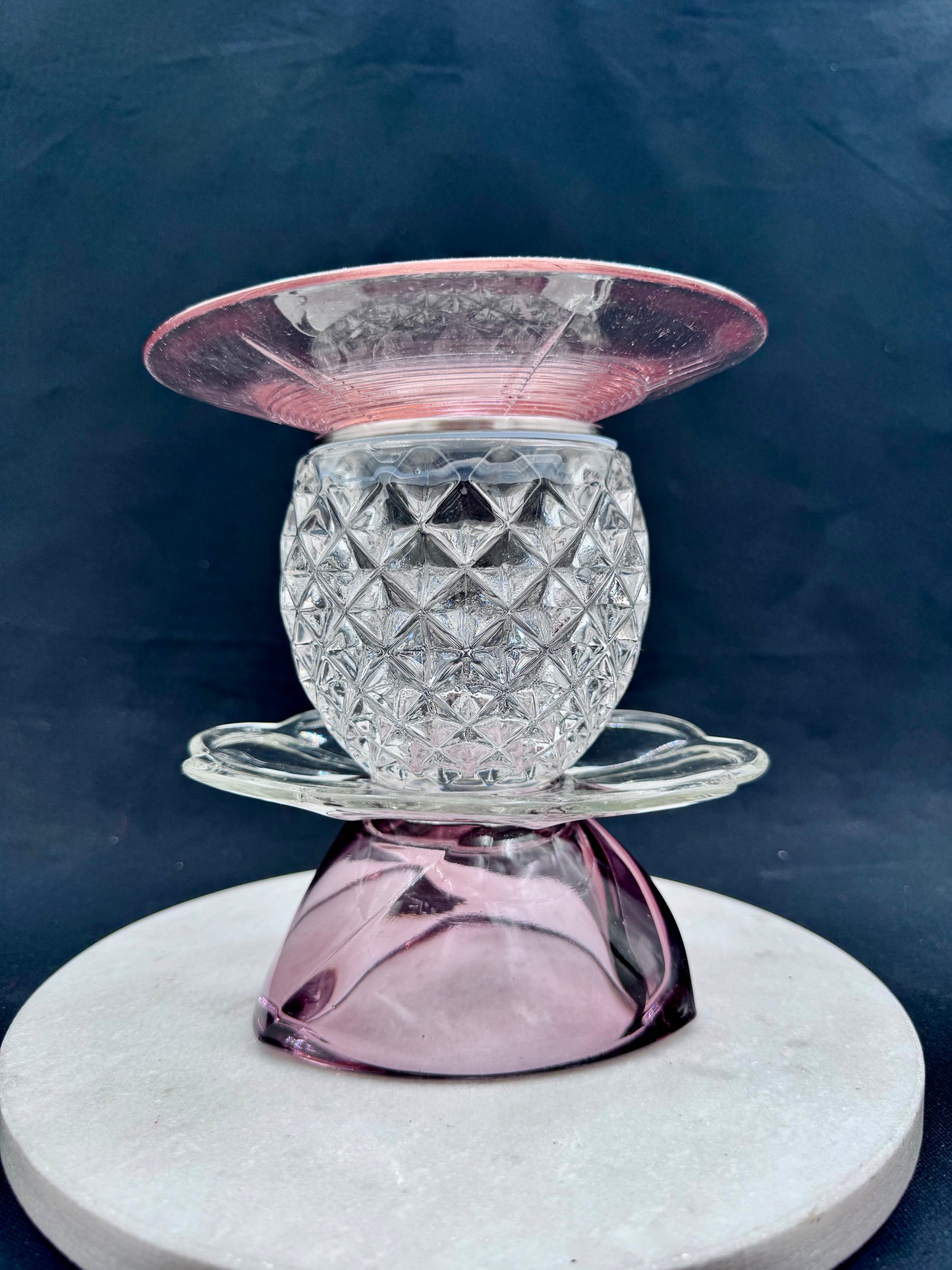 Vintage solcellelampe lilla og rosa glassfat