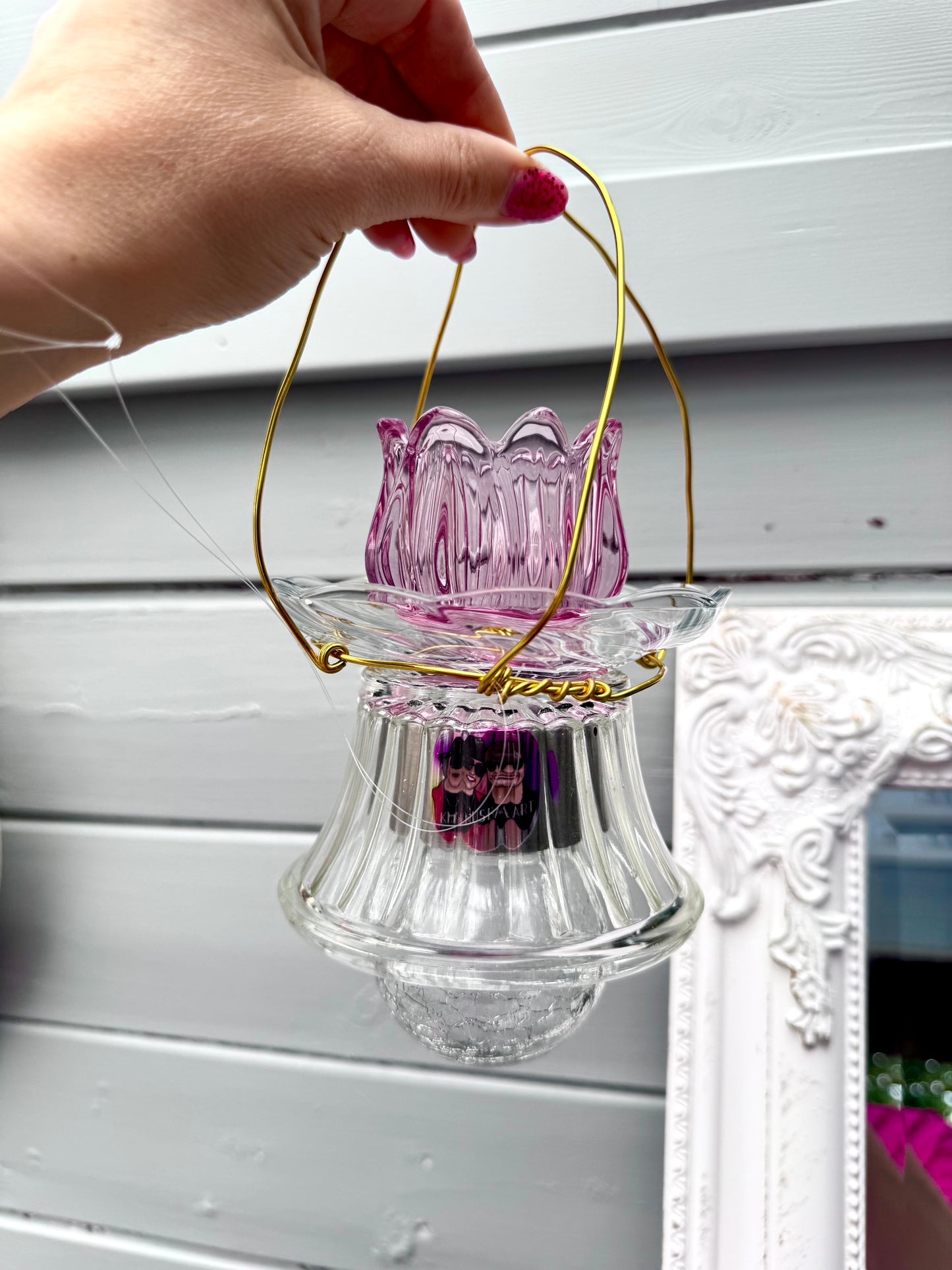 Vintage Solcellelampe hengelykt - rosa tulipan og klart glass