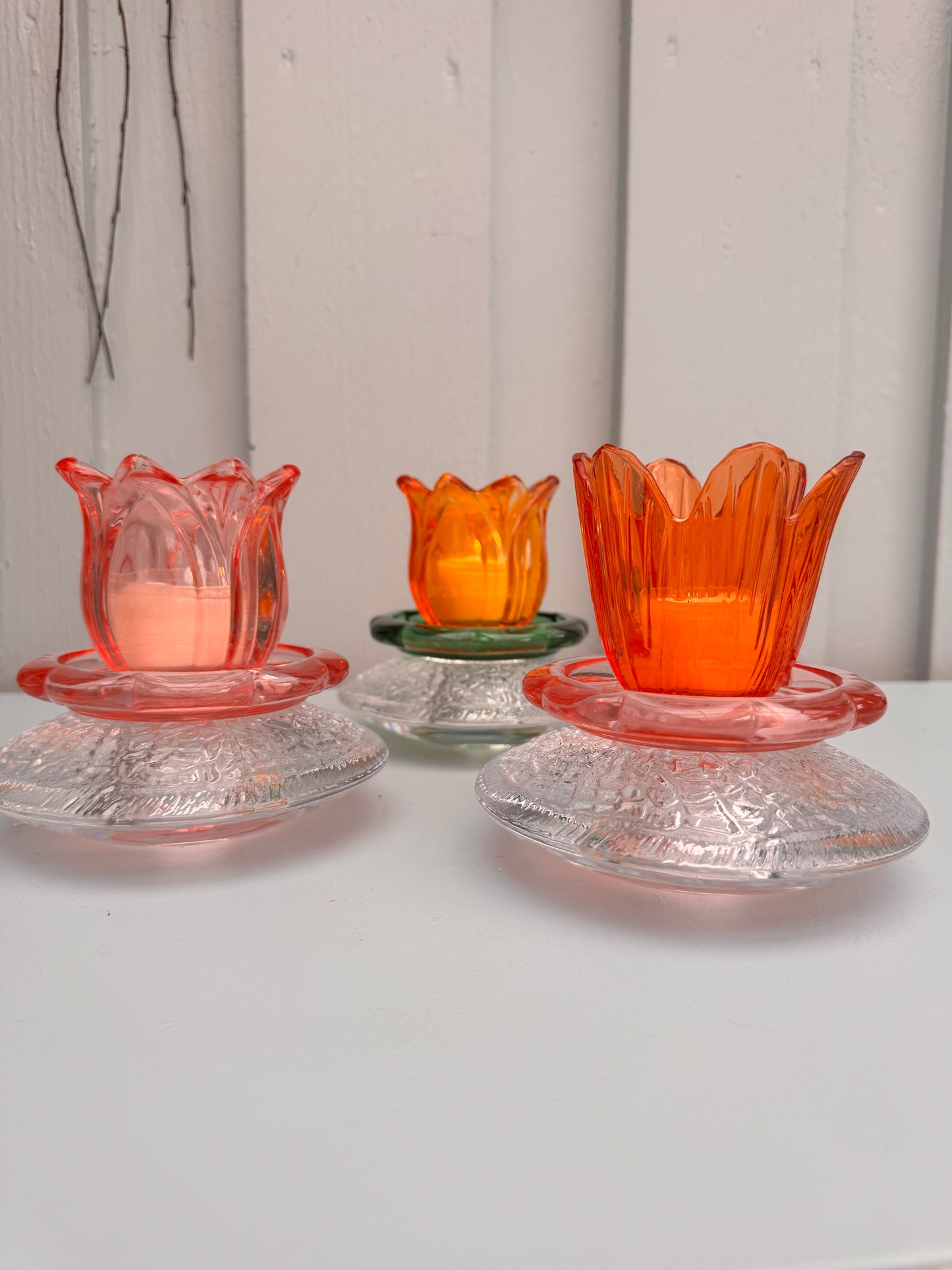 Vintage lysestake Orrefors krystall og med rosa