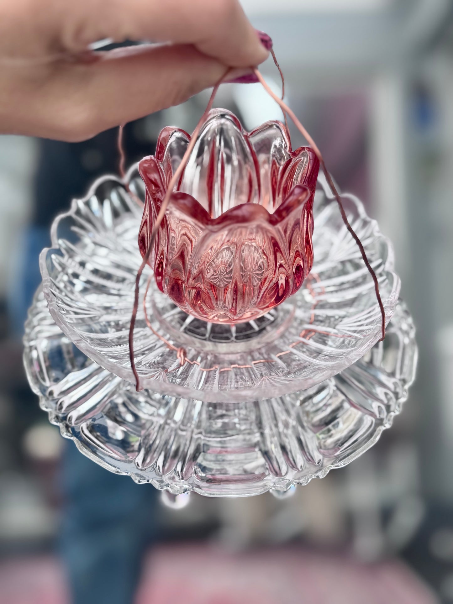 Vintage Solcellelampe hengelykt - oransje/rød  tulipan og prismer