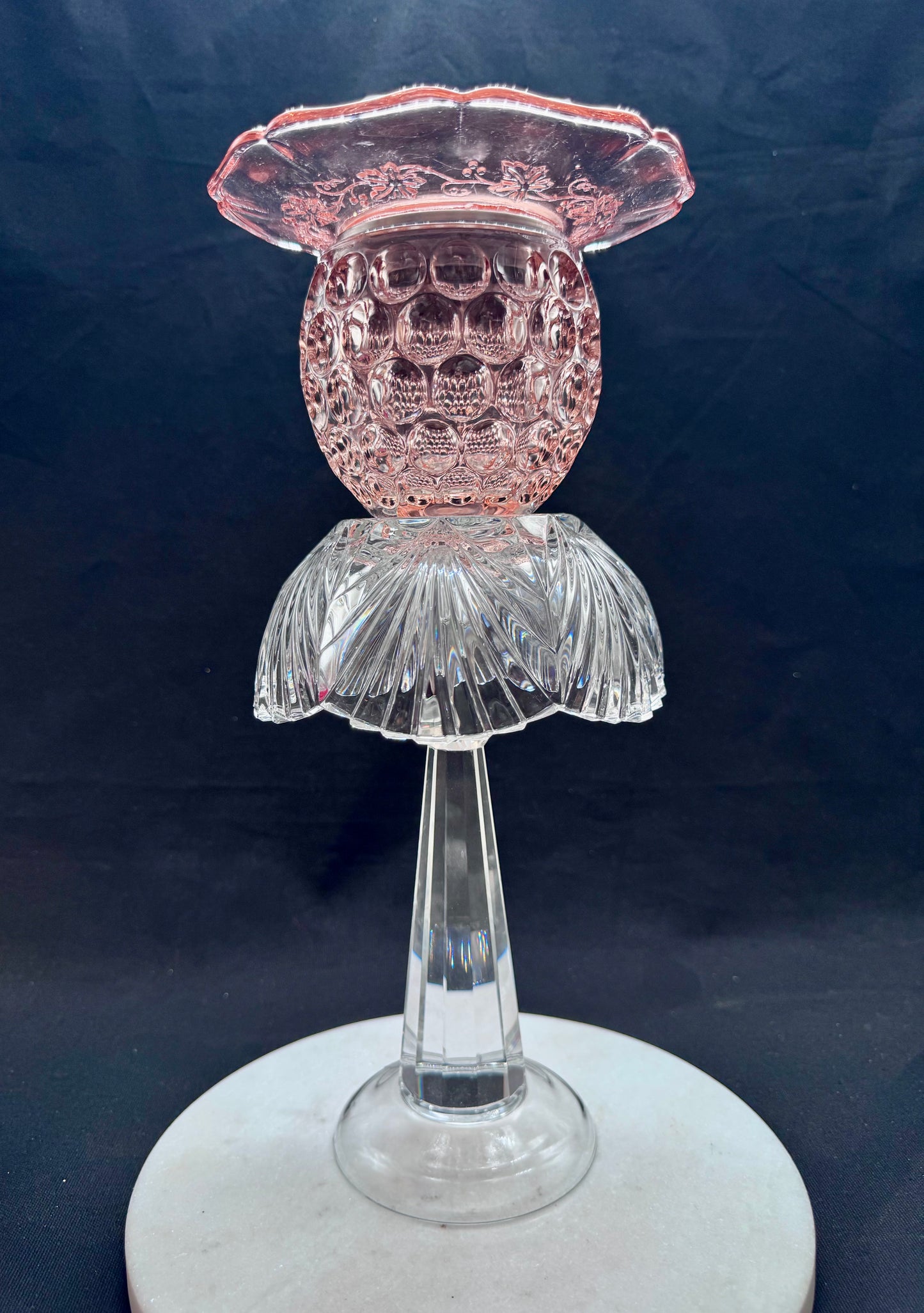Vintage solcellelampe glassklar fot og rosa kule og glassfat