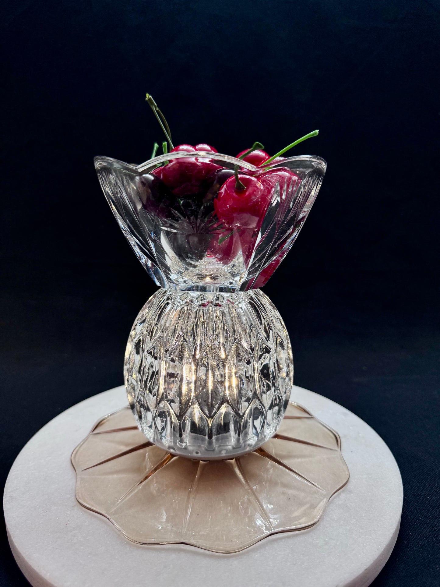 Vintage solcellelampe krystall skål og oransje pressglassfat
