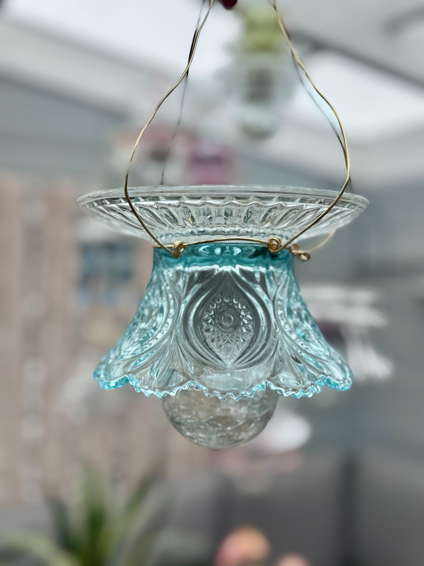 Vintage Solcellelampe hengelykt - turkis og klart glass