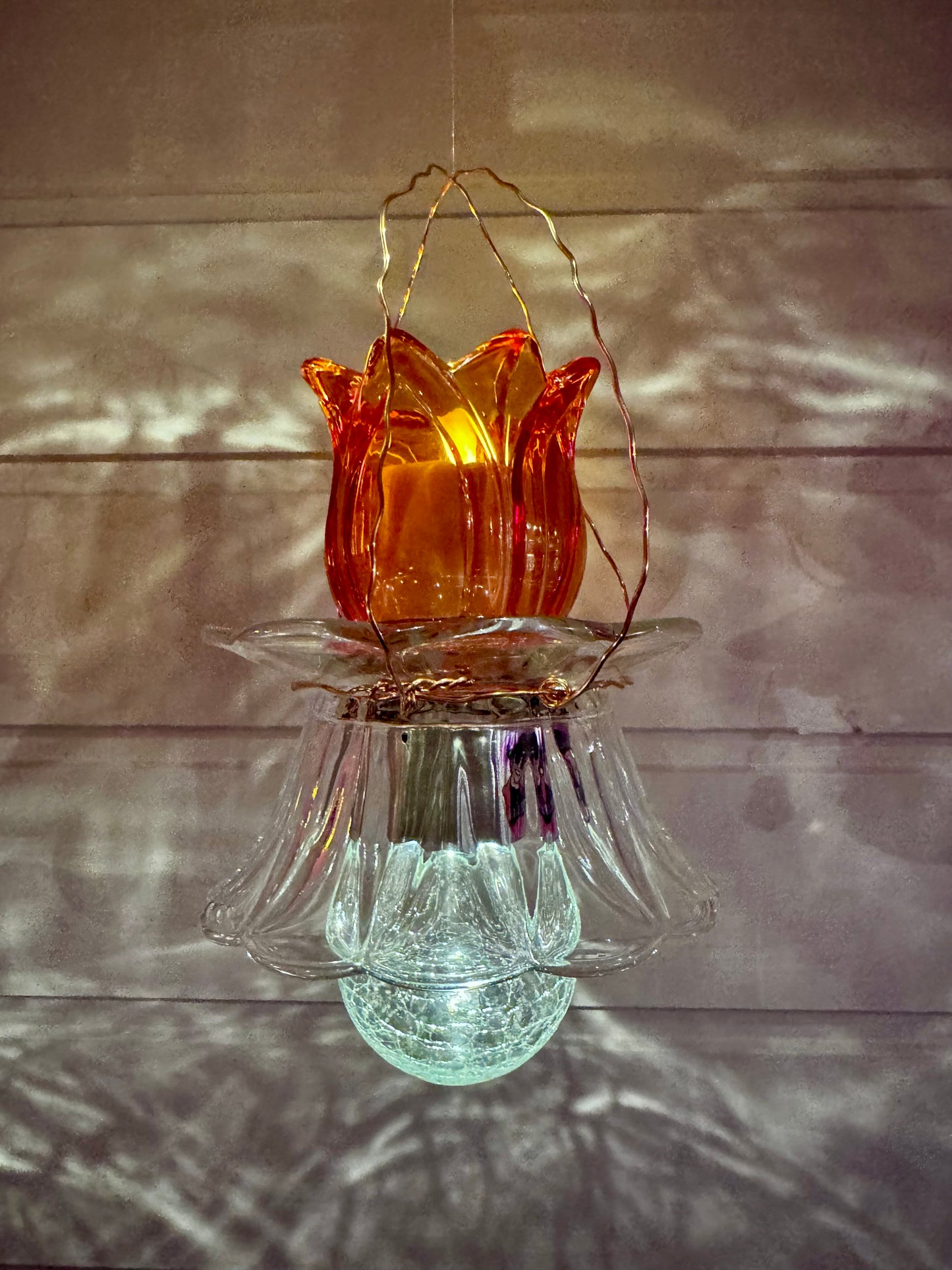 Vintage Solcellelampe hengelykt - oransje/rød  tulipan og glasskål