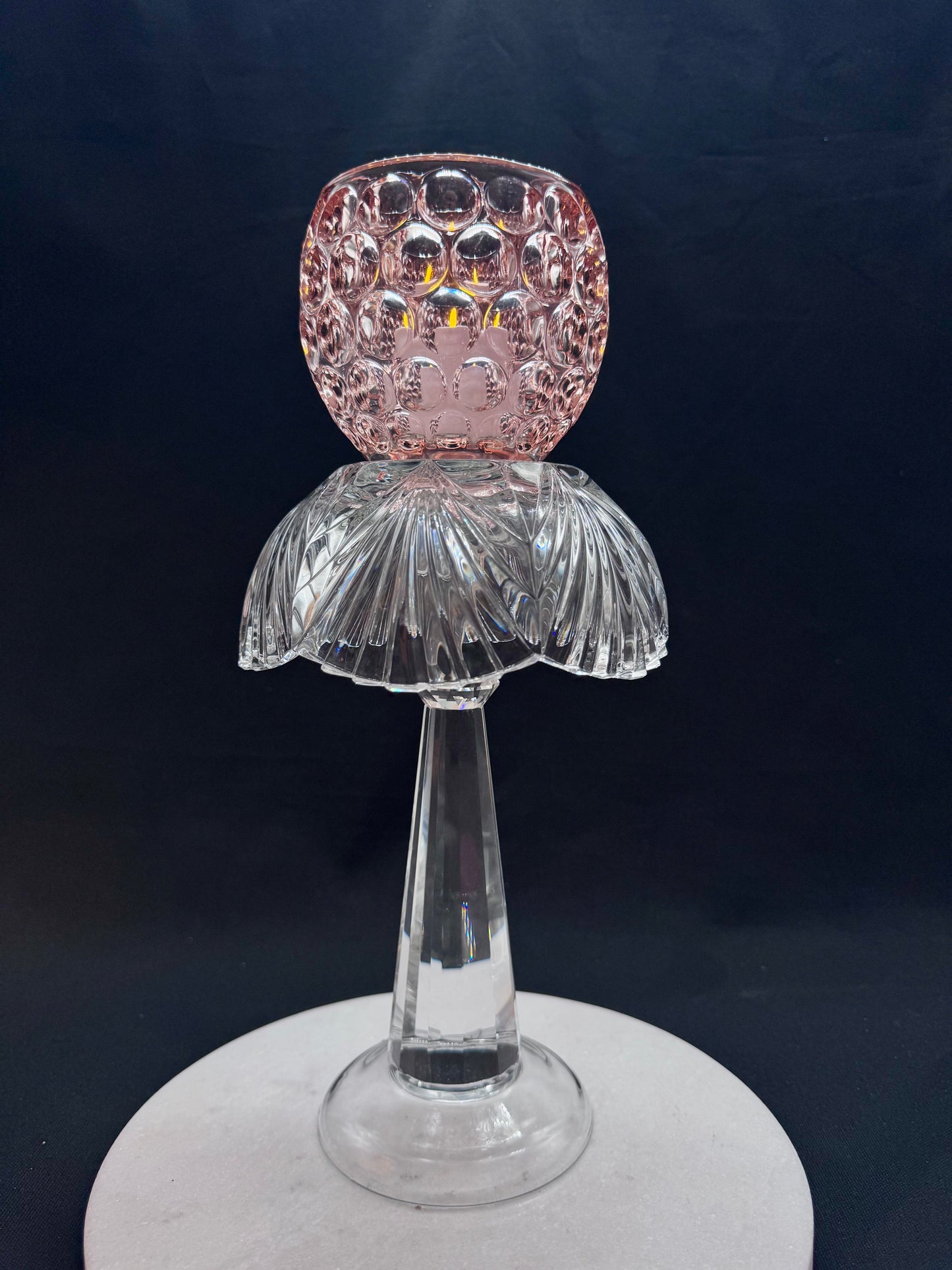 Vintage solcellelampe glassklar fot og rosa kule og glassfat