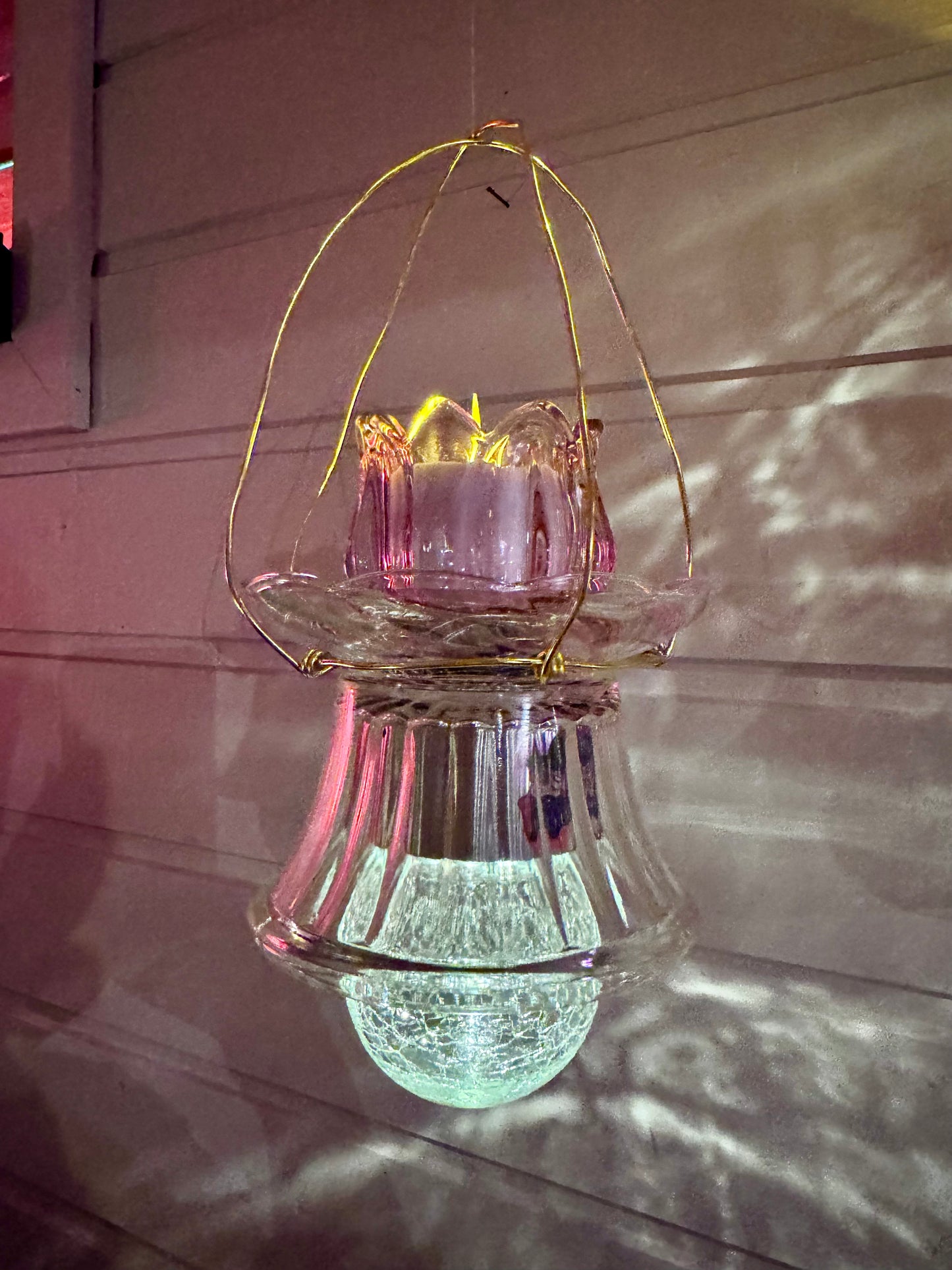 Vintage Solcellelampe hengelykt - rosa tulipan og klart glass