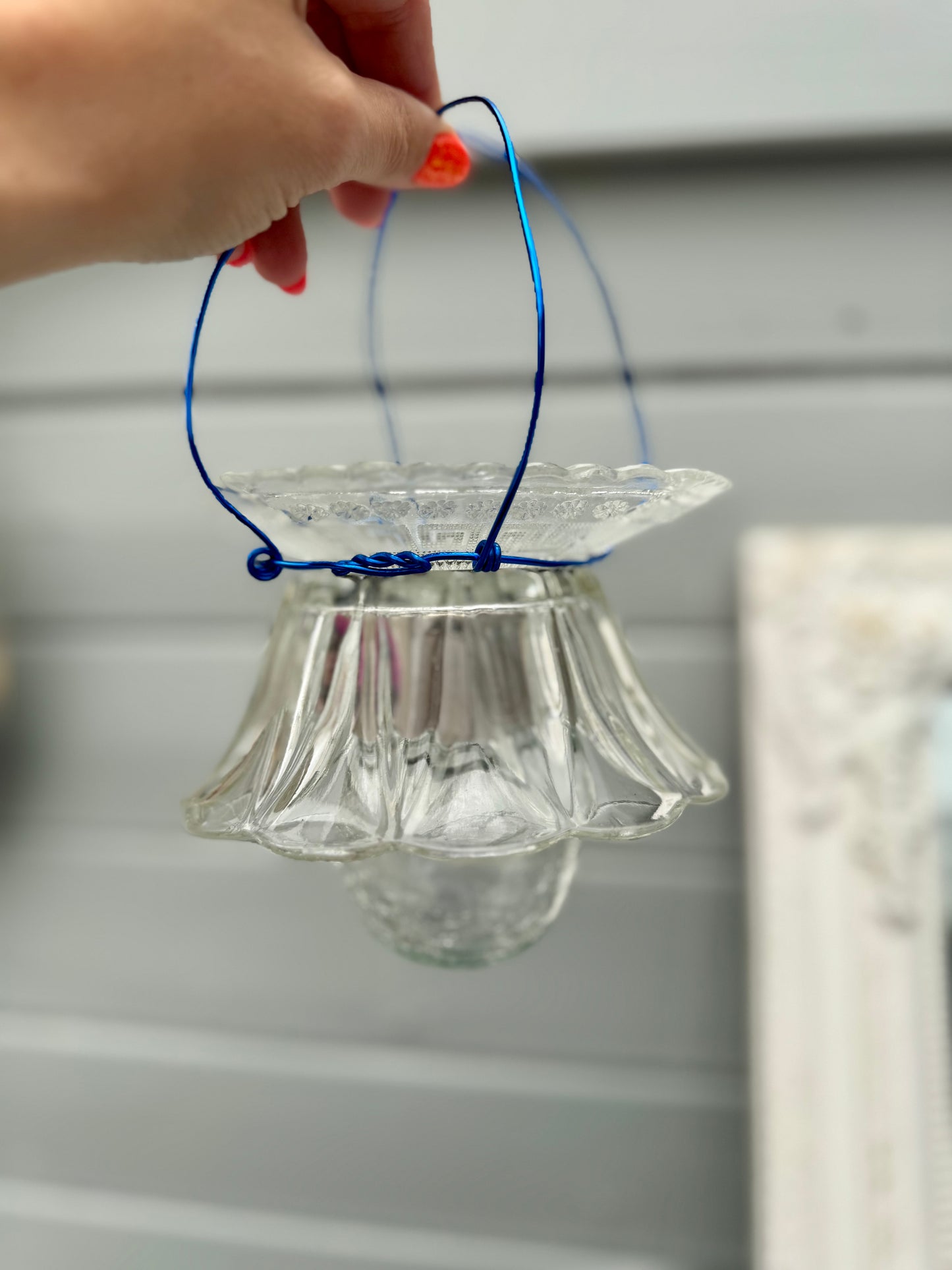Vintage Solcellelampe hengelykt - klart glass og blått feste