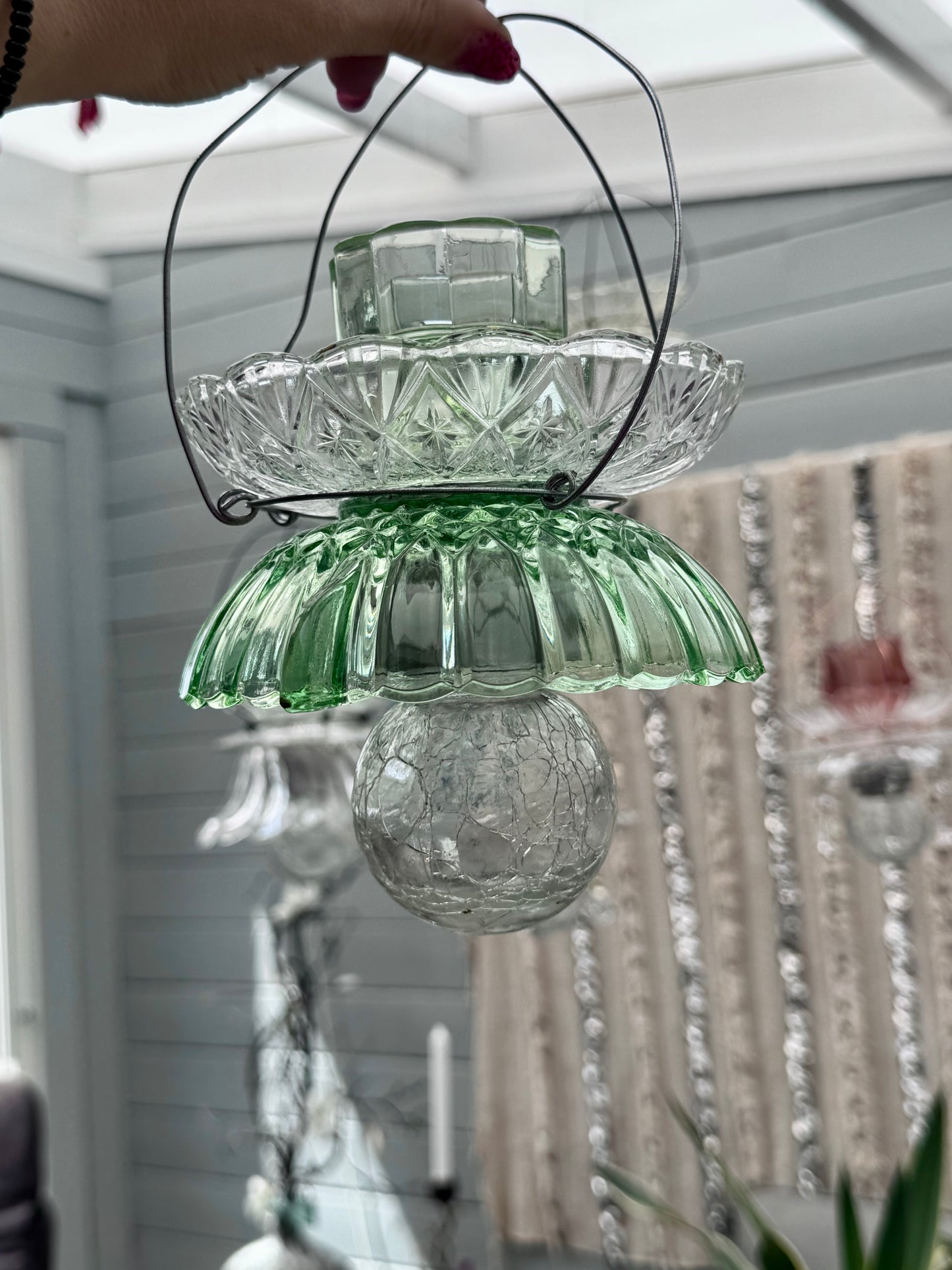 Vintage Solcellelampe hengelykt - grønn skål og grønt telys