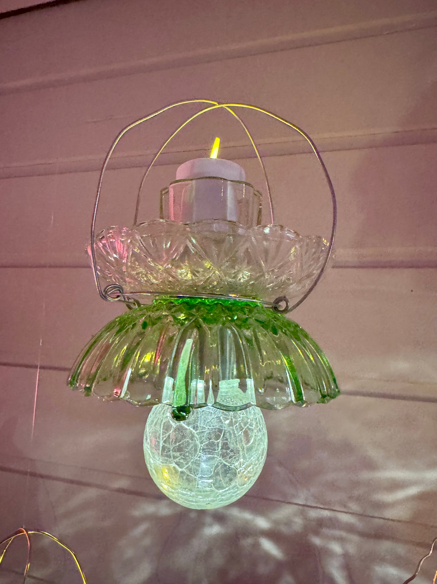 Vintage Solcellelampe hengelykt - grønn skål og grønt telys