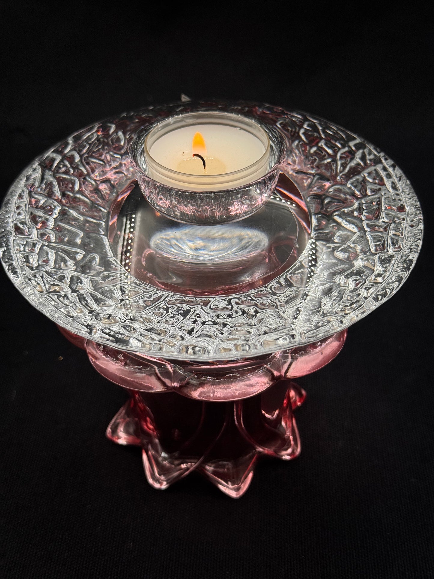 Vintage lysestake Orrefors krystall og med rosa