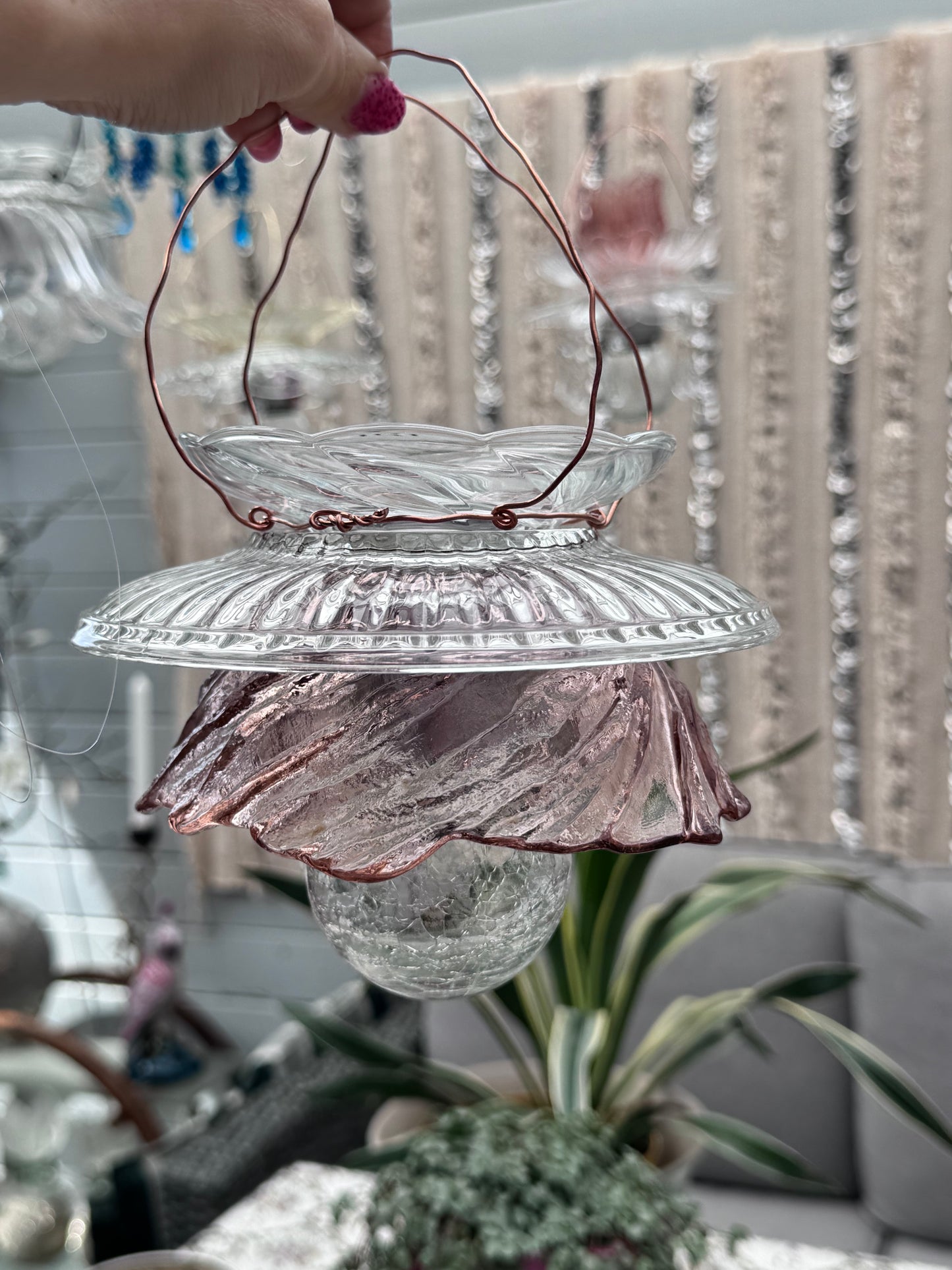 Vintage Solcellelampe hengelykt - dus rosa glass med og glassfat til lyslenke eller telys