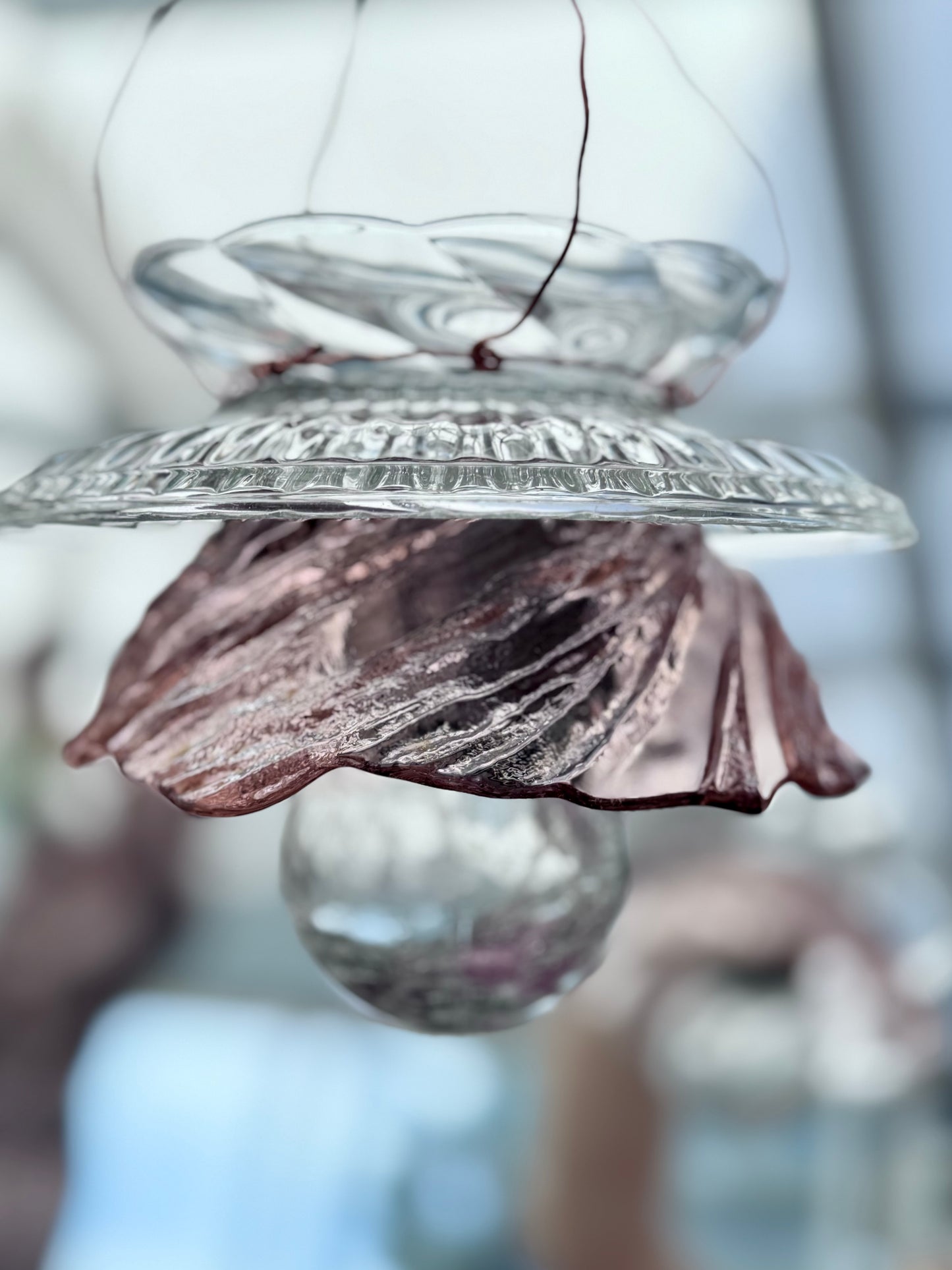 Vintage Solcellelampe hengelykt - dus rosa glass med og glassfat til lyslenke eller telys
