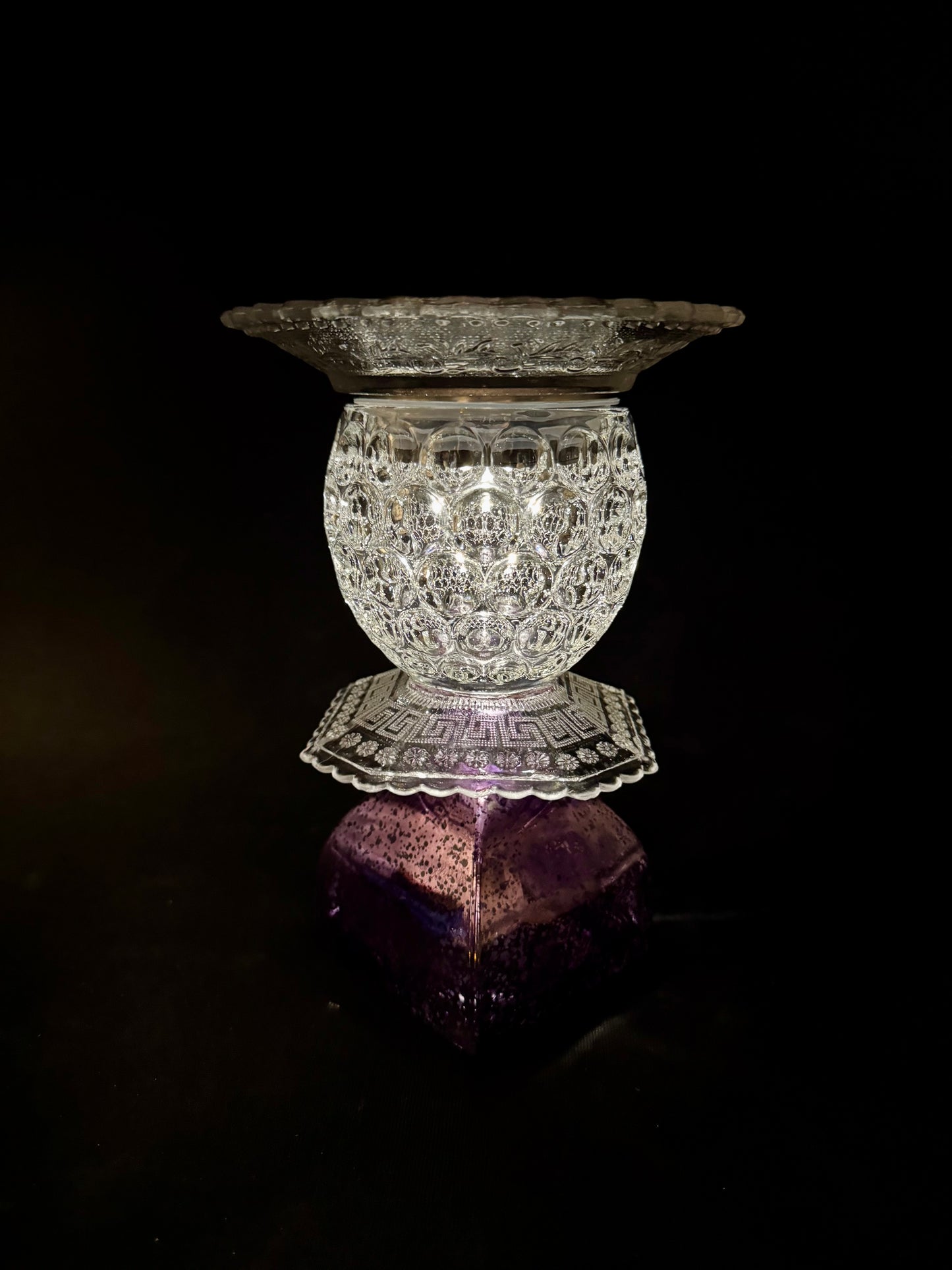 Vintage solcellelampe lilla fot og glassfat