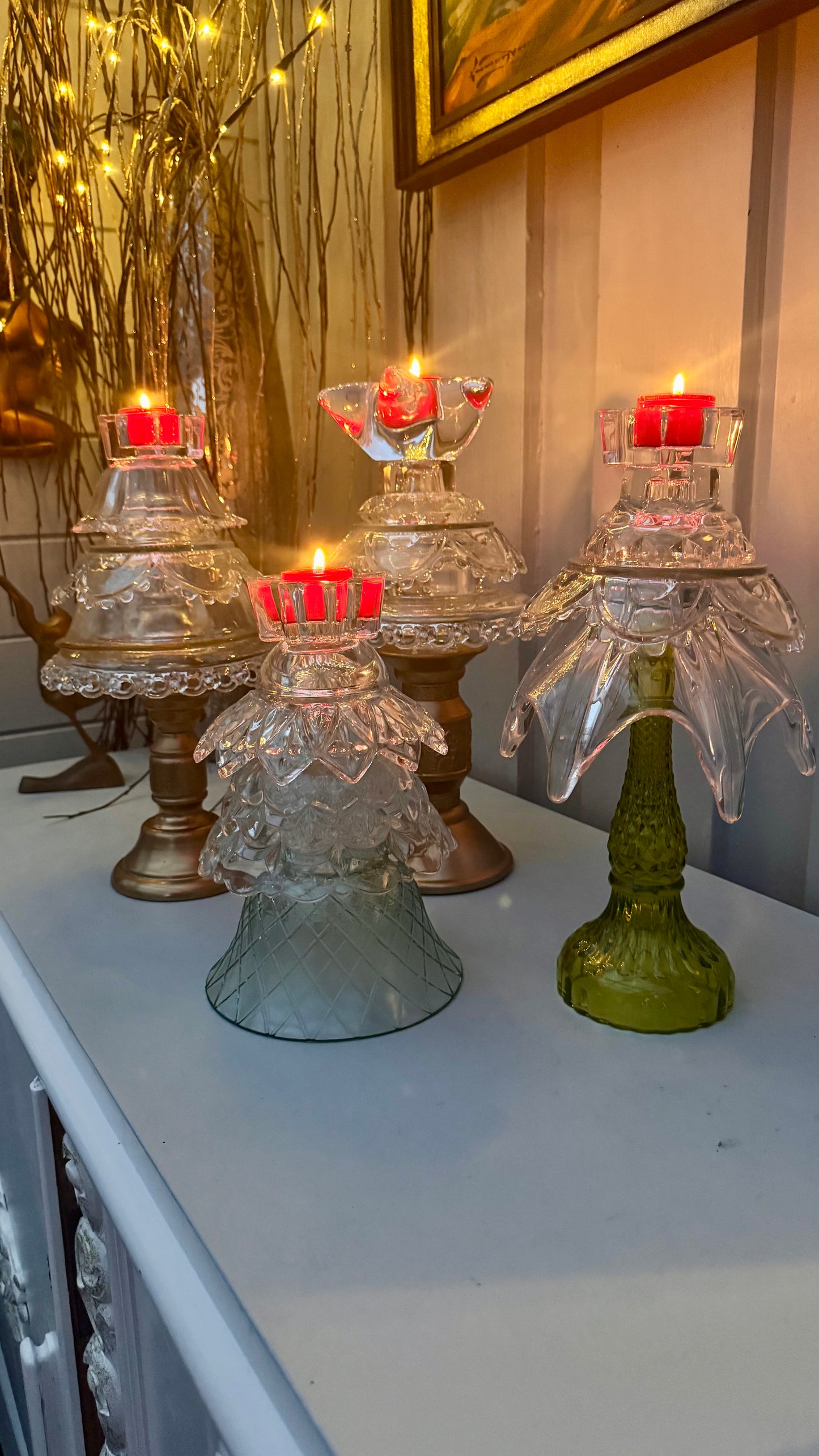 Vintage Juletre med grønn glassfot og krystall