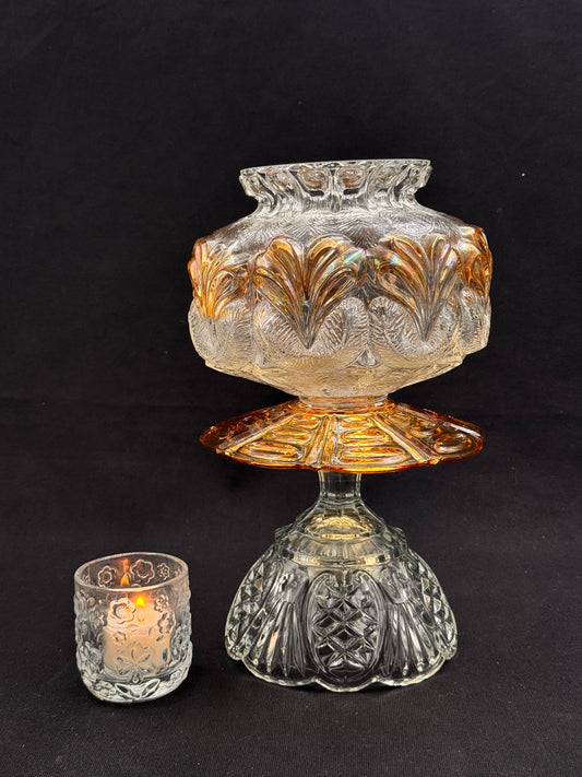 Vintage lykt i rav farget og krystallskål