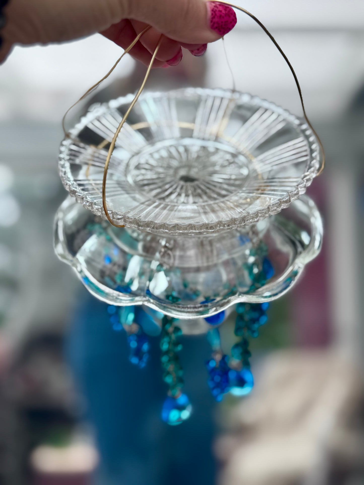 Vintage Solcellelampe hengelykt - klart glass og prismer i blått