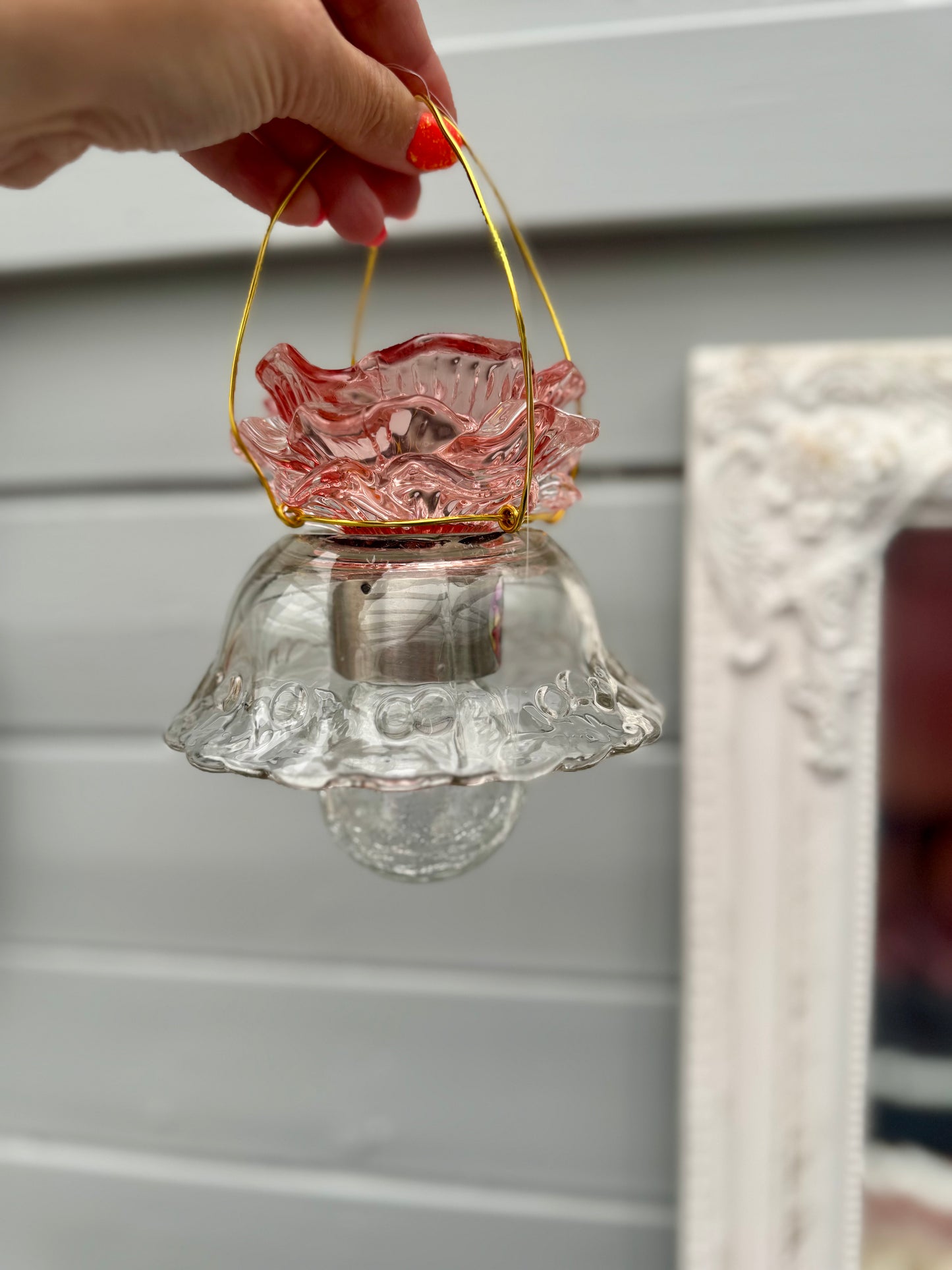 Vintage Solcellelampe hengelykt - rosa rose med gull feste