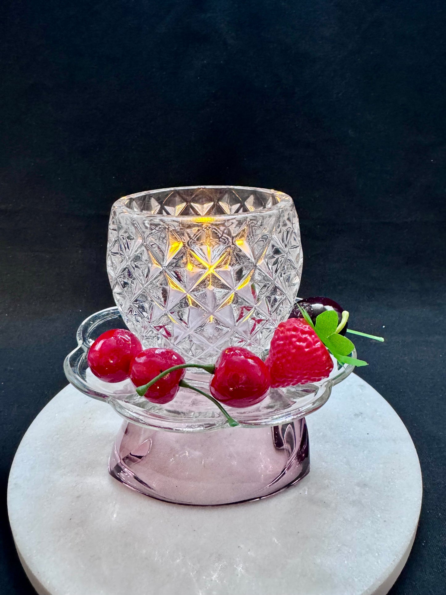 Vintage solcellelampe lilla og rosa glassfat