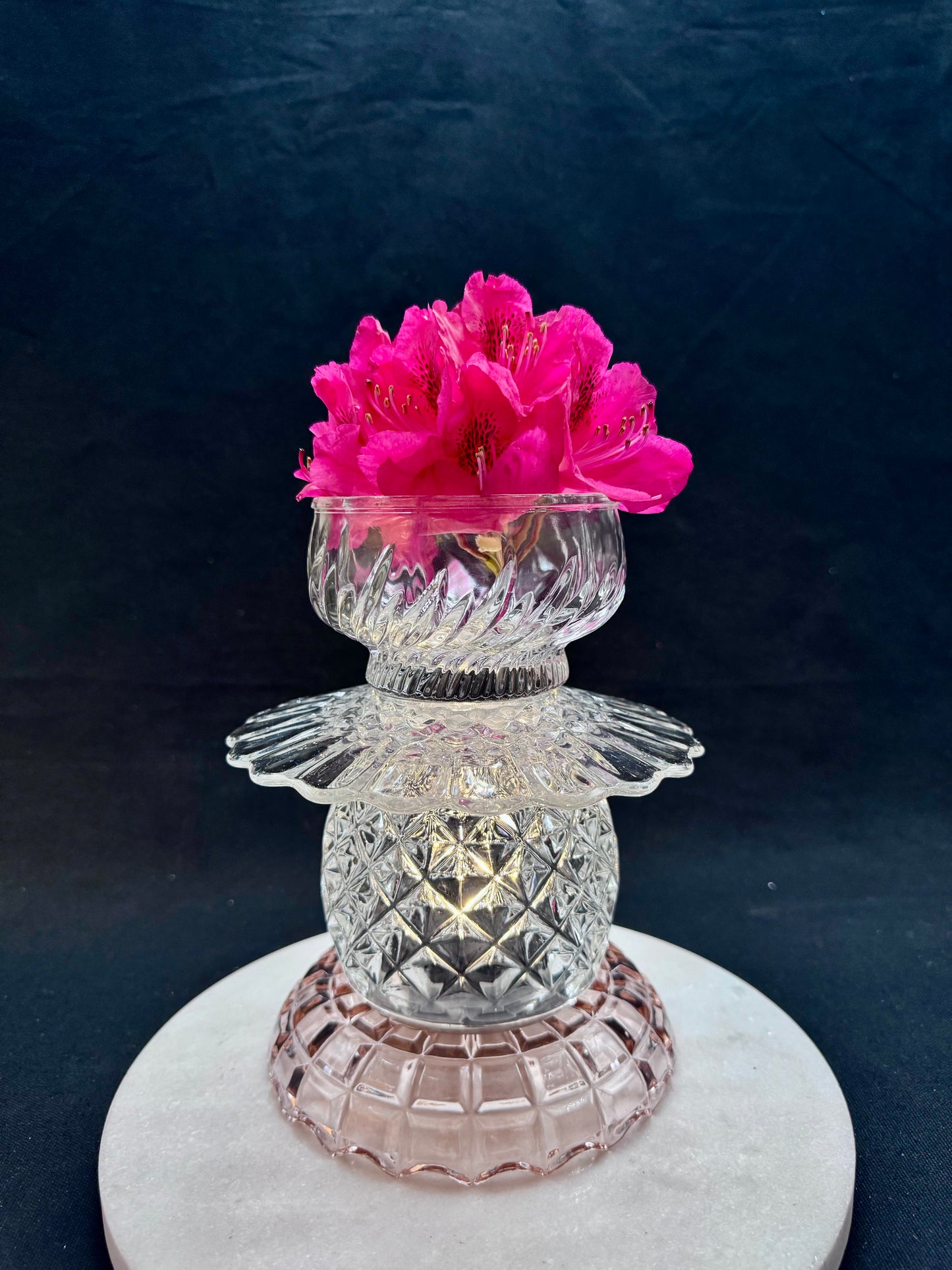 Vintage solcellelampe klart glass og rosa glassfat