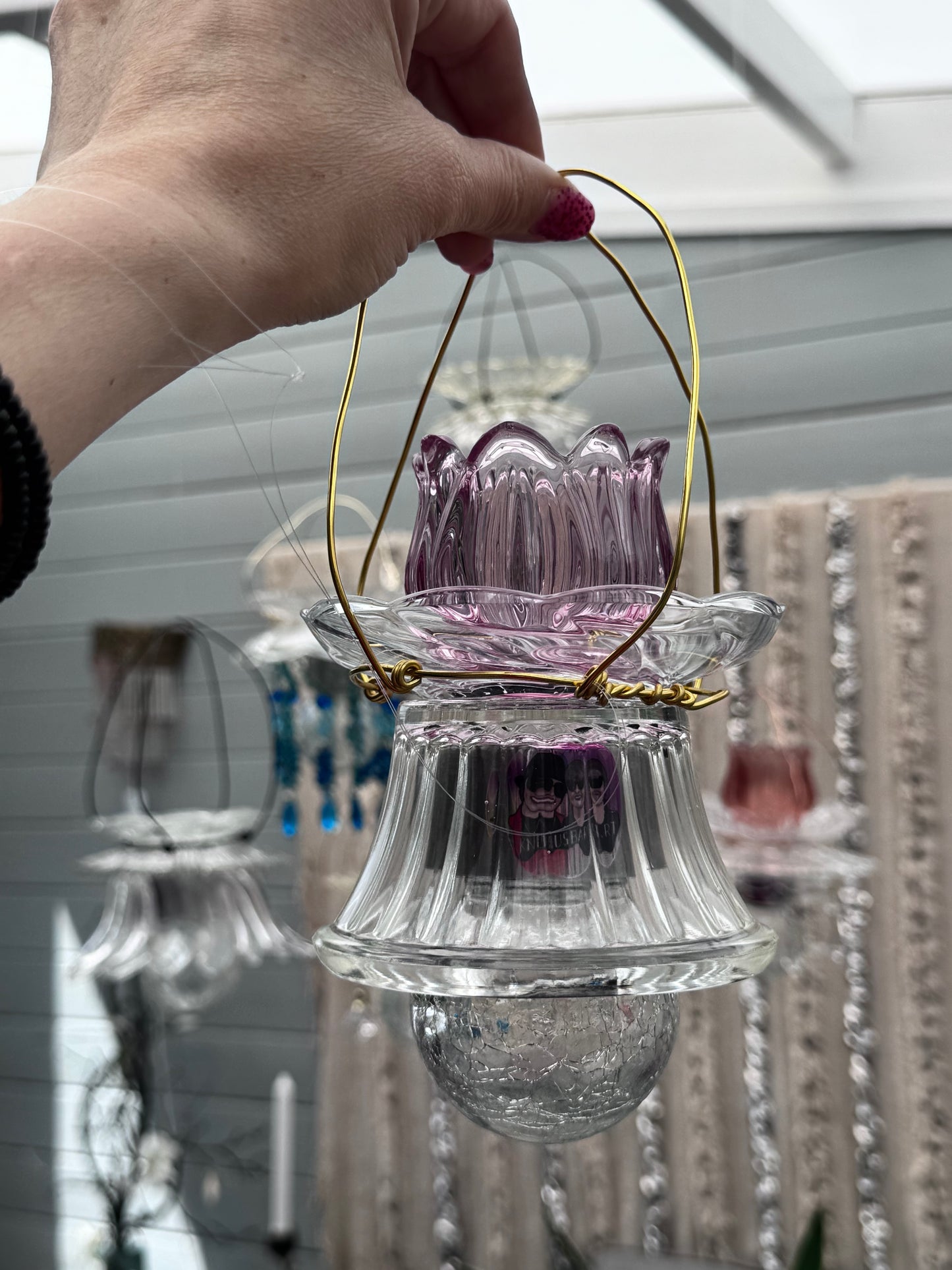 Vintage Solcellelampe hengelykt - rosa tulipan og klart glass