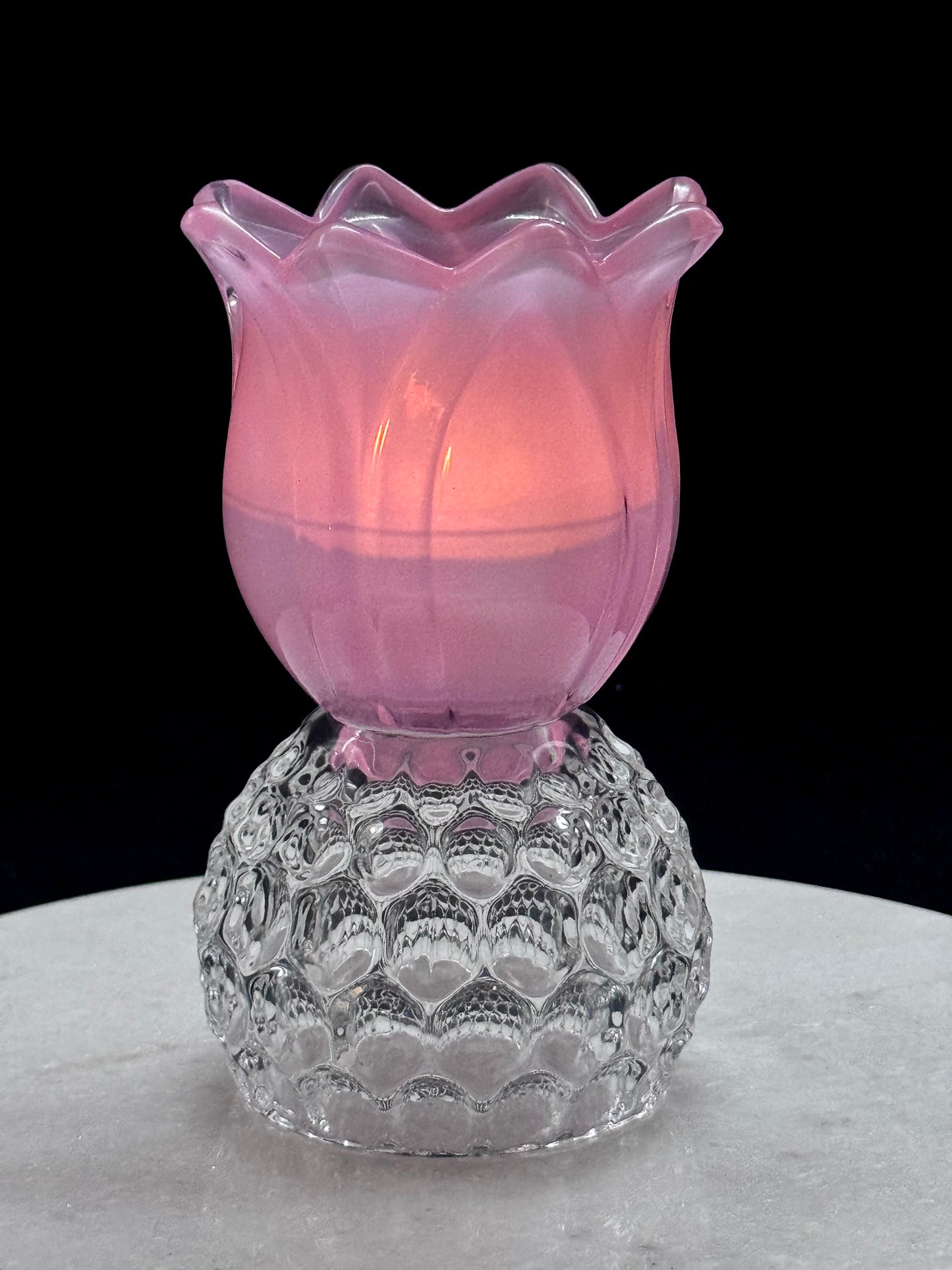 Mini Solcellelampe med rosa fot og glasskål