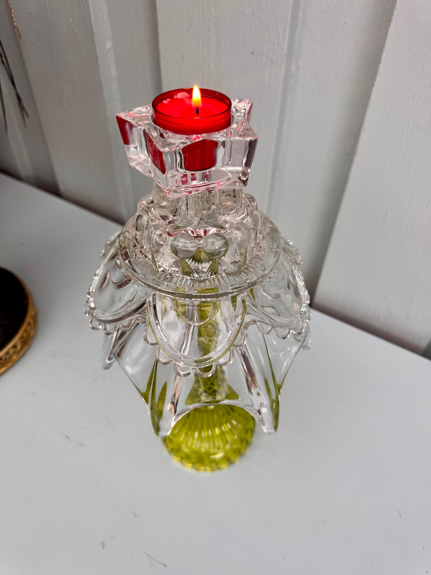 Vintage Juletre med grønn glassfot og krystall