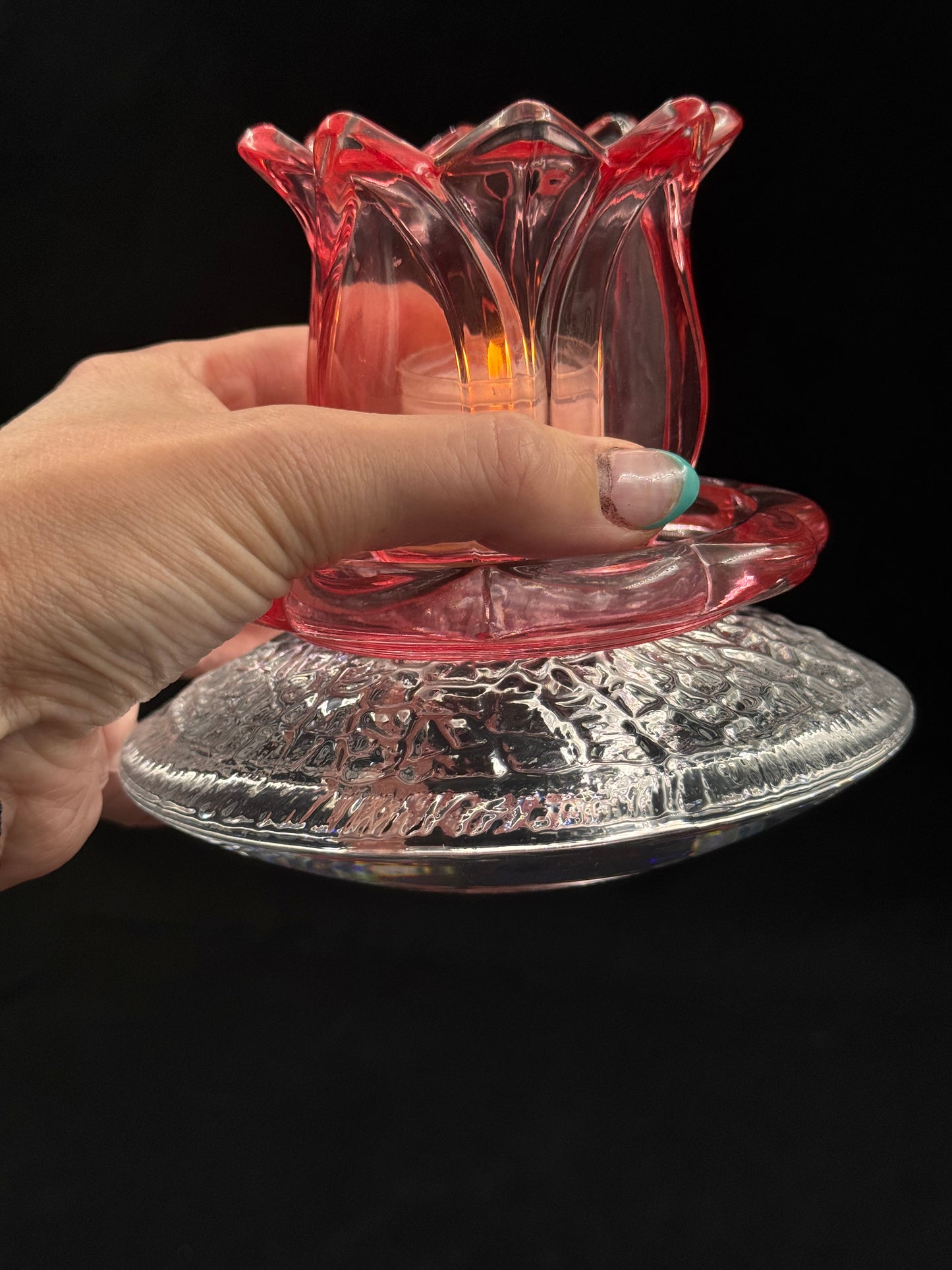 Vintage lysestake Orrefors krystall og med rosa