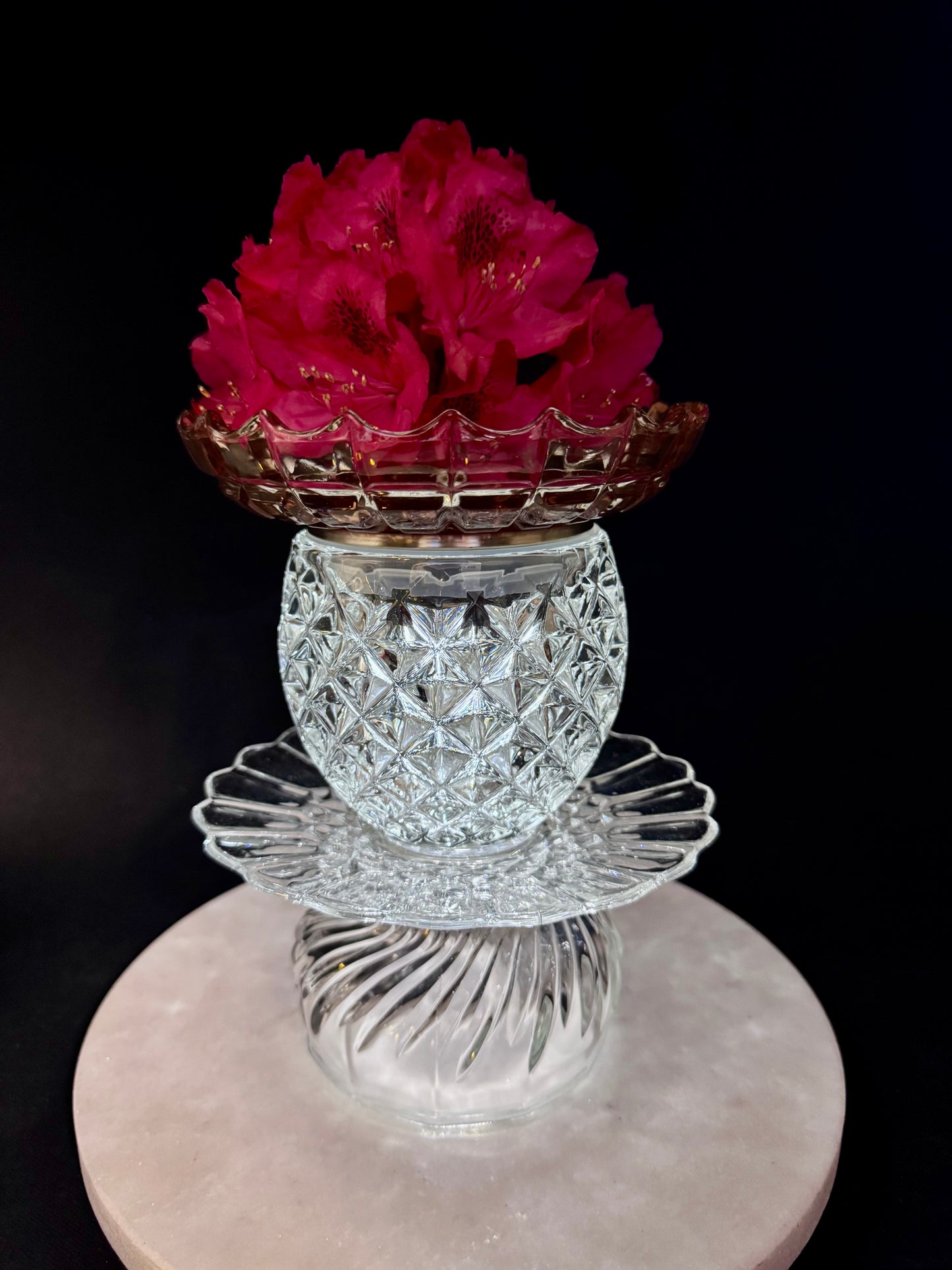 Vintage solcellelampe klart glass og rosa glassfat