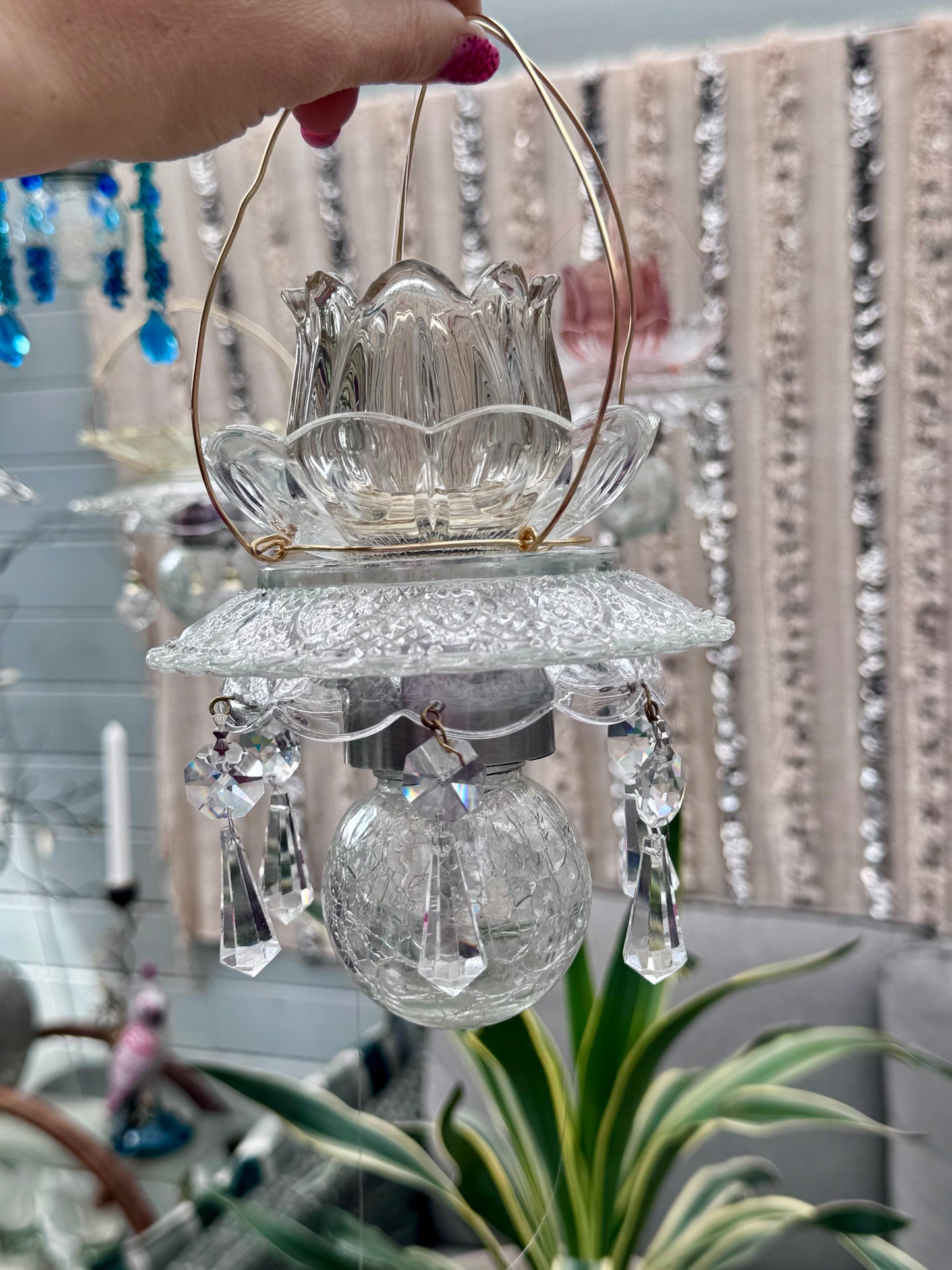 Vintage Solcellelampe hengelykt - grå tulipan og krystall prismer