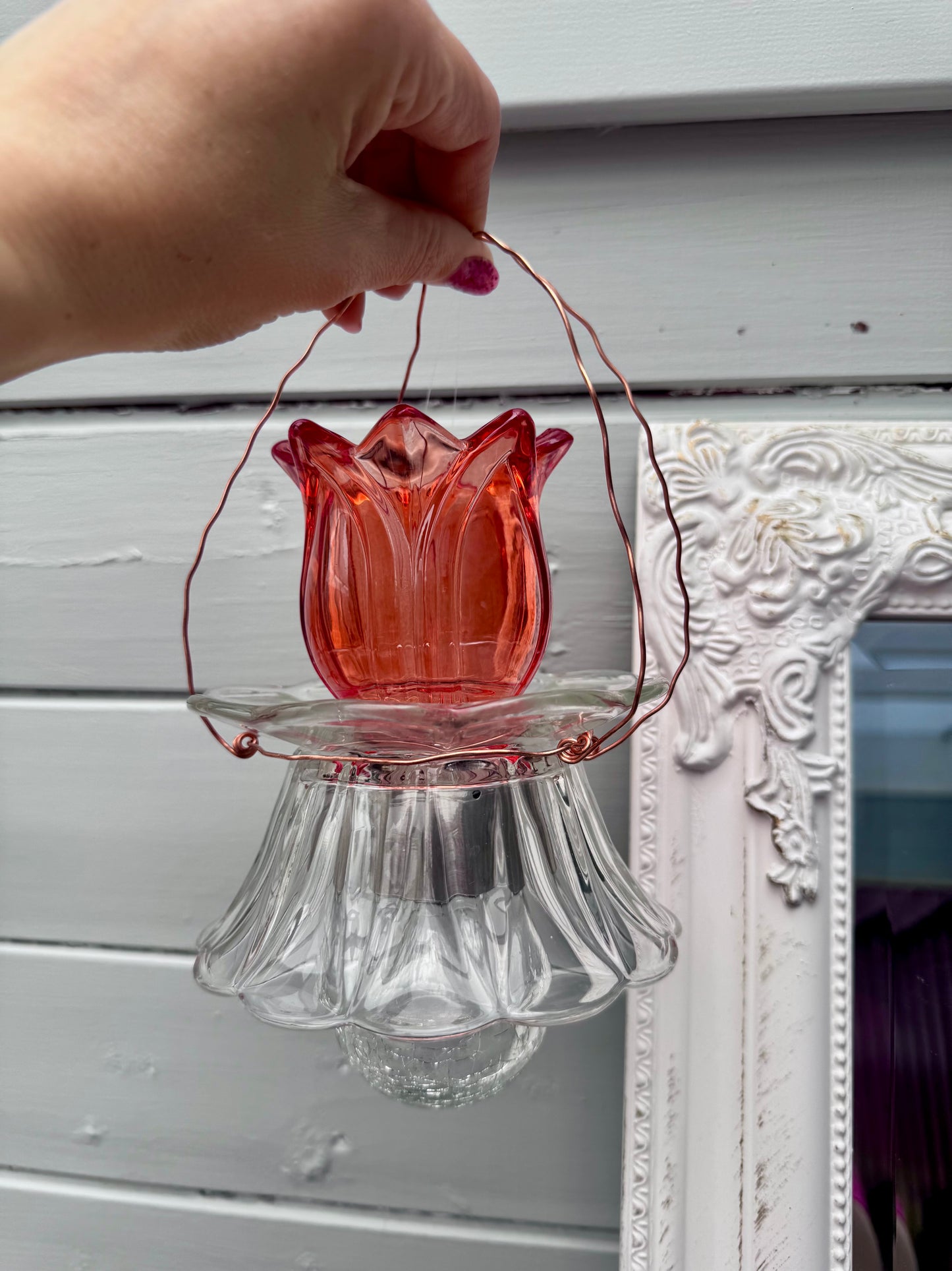 Vintage Solcellelampe hengelykt - oransje/rød  tulipan og glasskål