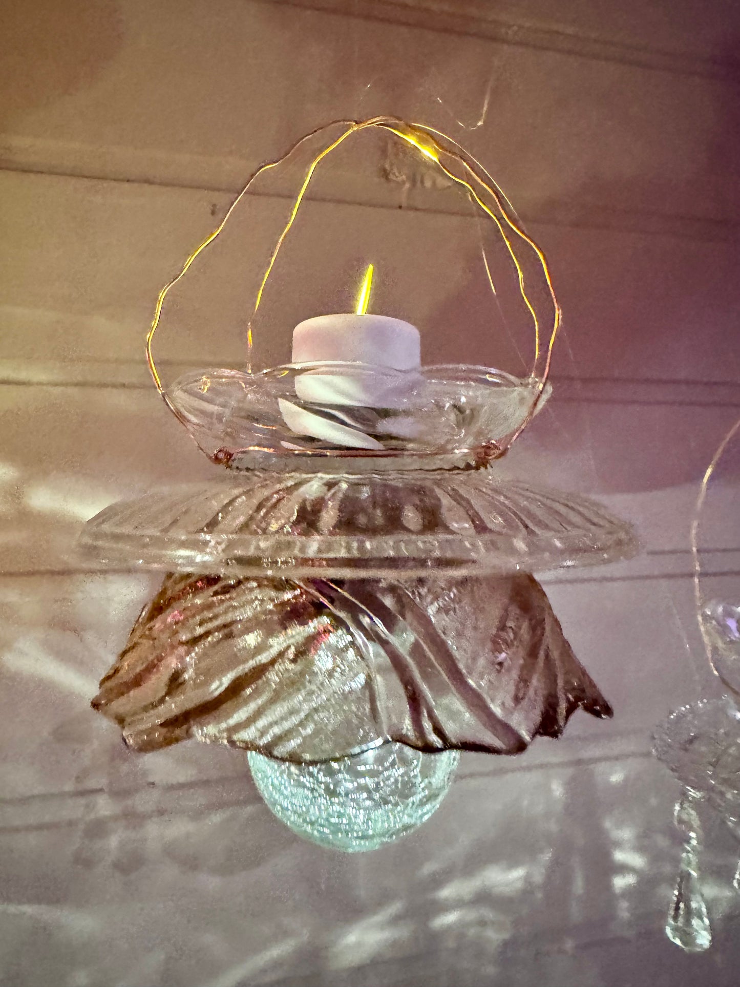 Vintage Solcellelampe hengelykt - dus rosa glass med og glassfat til lyslenke eller telys