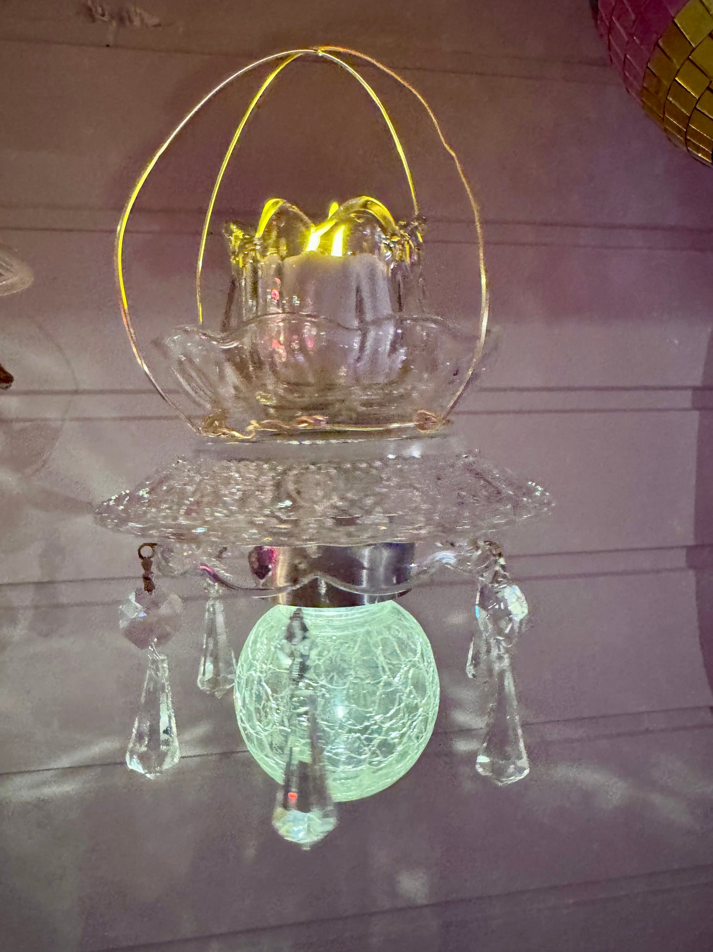 Vintage Solcellelampe hengelykt - grå tulipan og krystall prismer