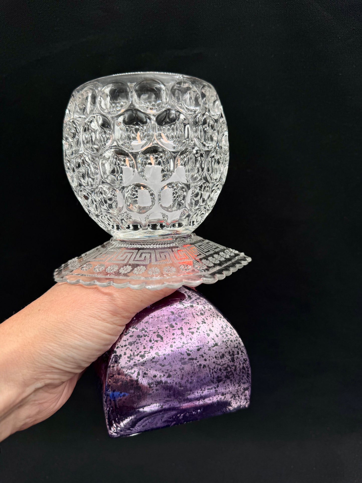 Vintage solcellelampe lilla fot og glassfat