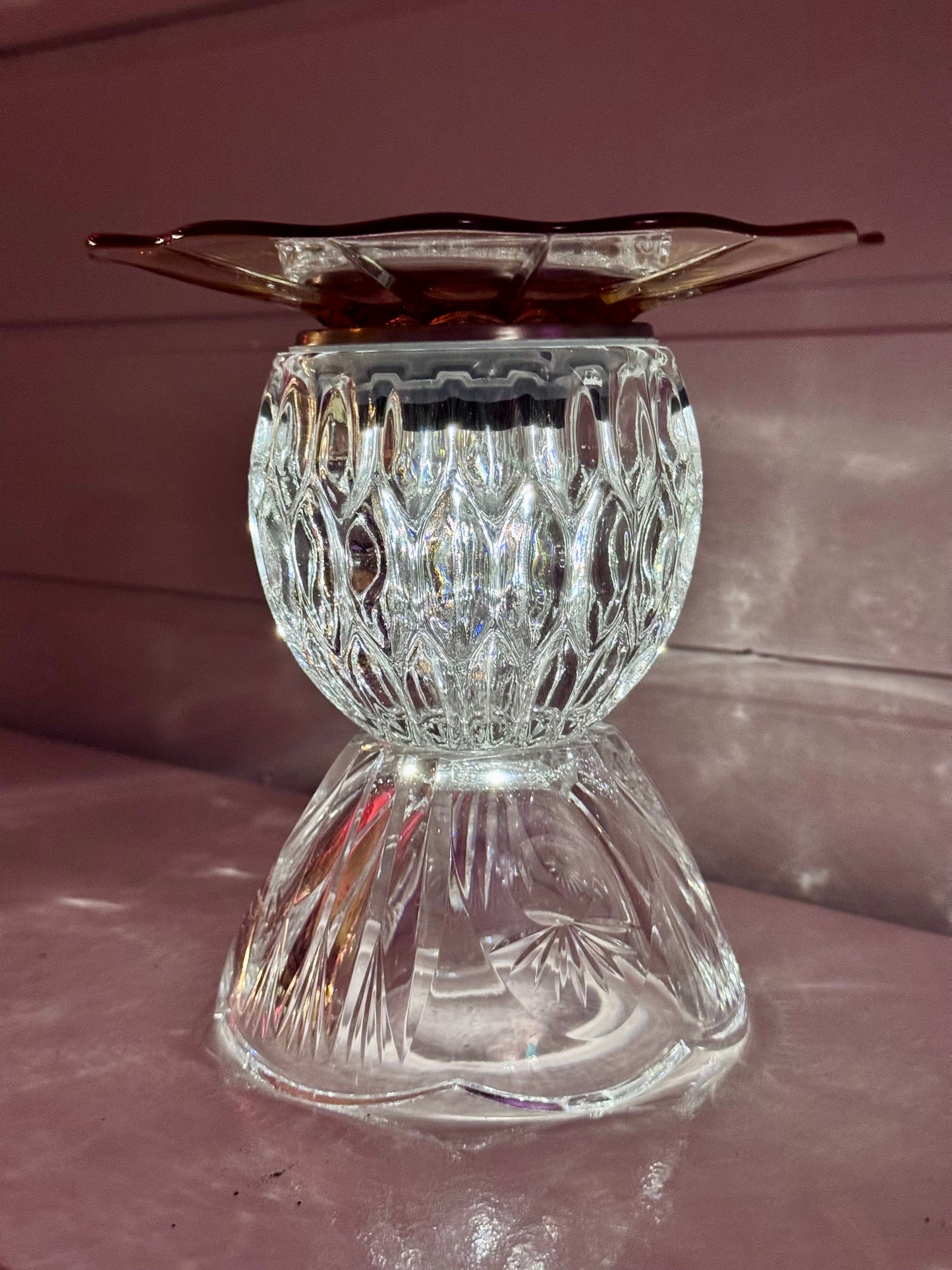 Vintage solcellelampe krystall skål og oransje pressglassfat
