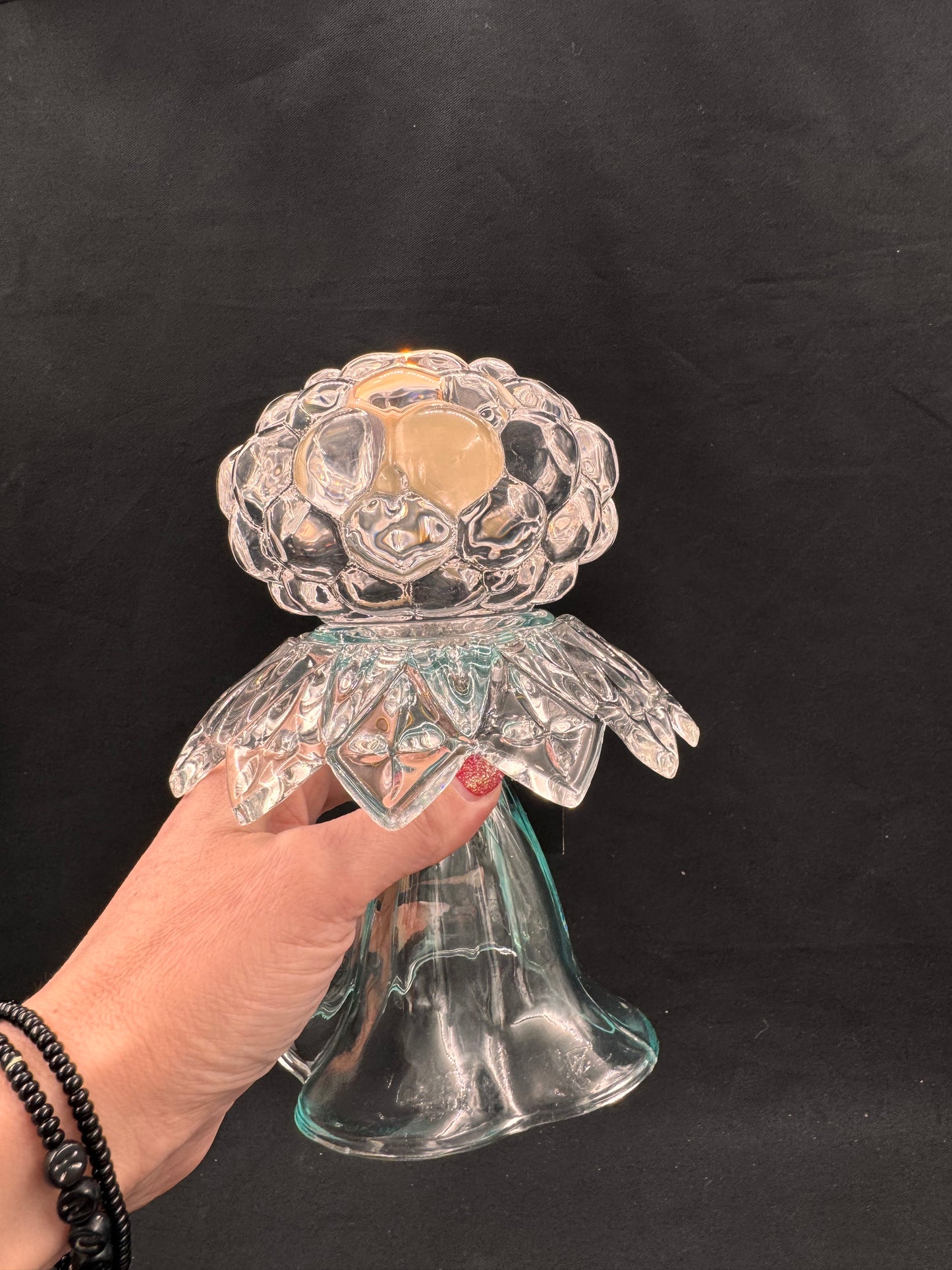 Vintage lysestake Orrefors krystall og med turkis fot