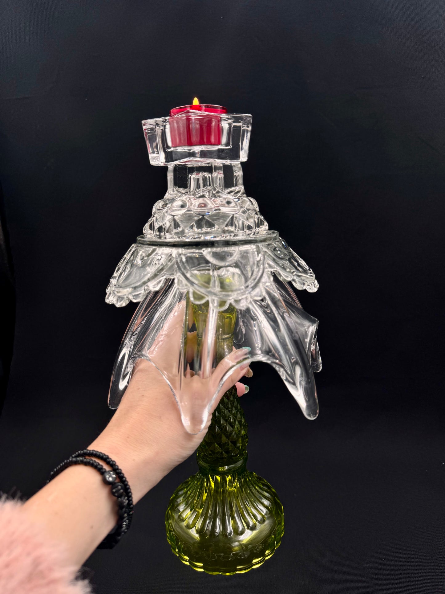 Vintage Juletre med grønn glassfot og krystall