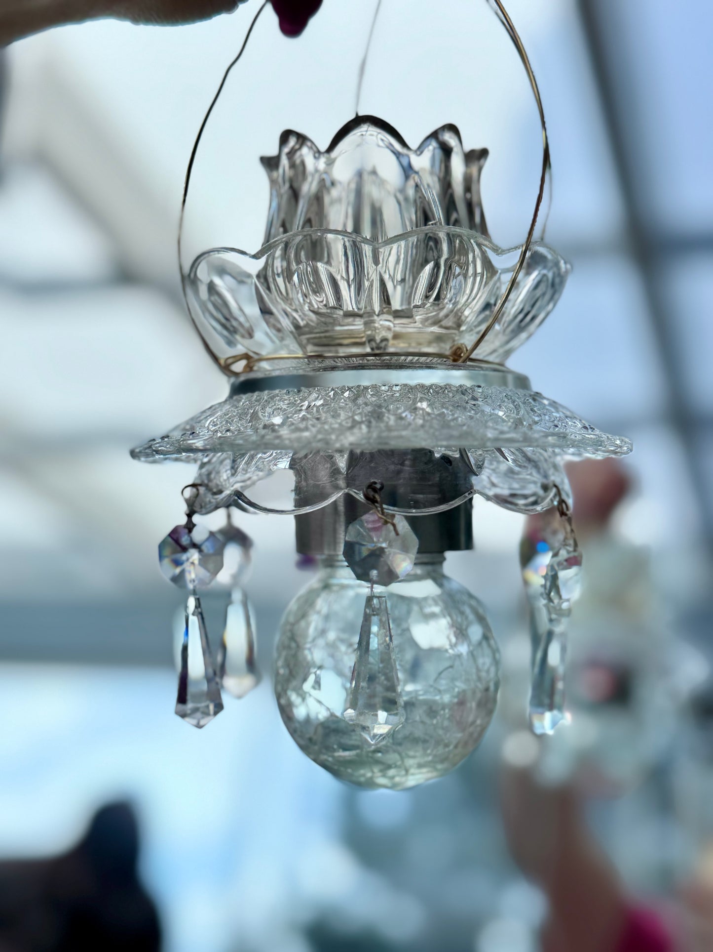 Vintage Solcellelampe hengelykt - grå tulipan og krystall prismer