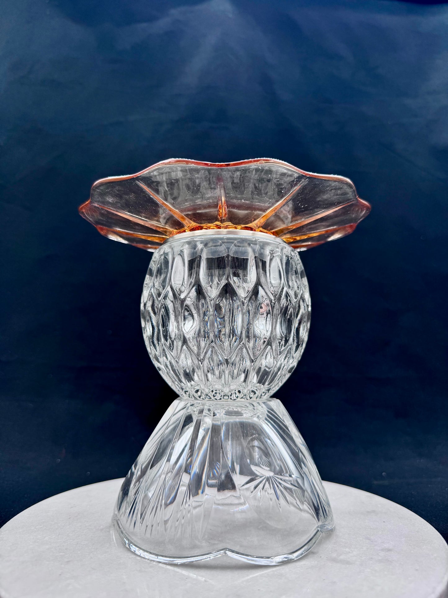 Vintage solcellelampe krystall skål og oransje pressglassfat