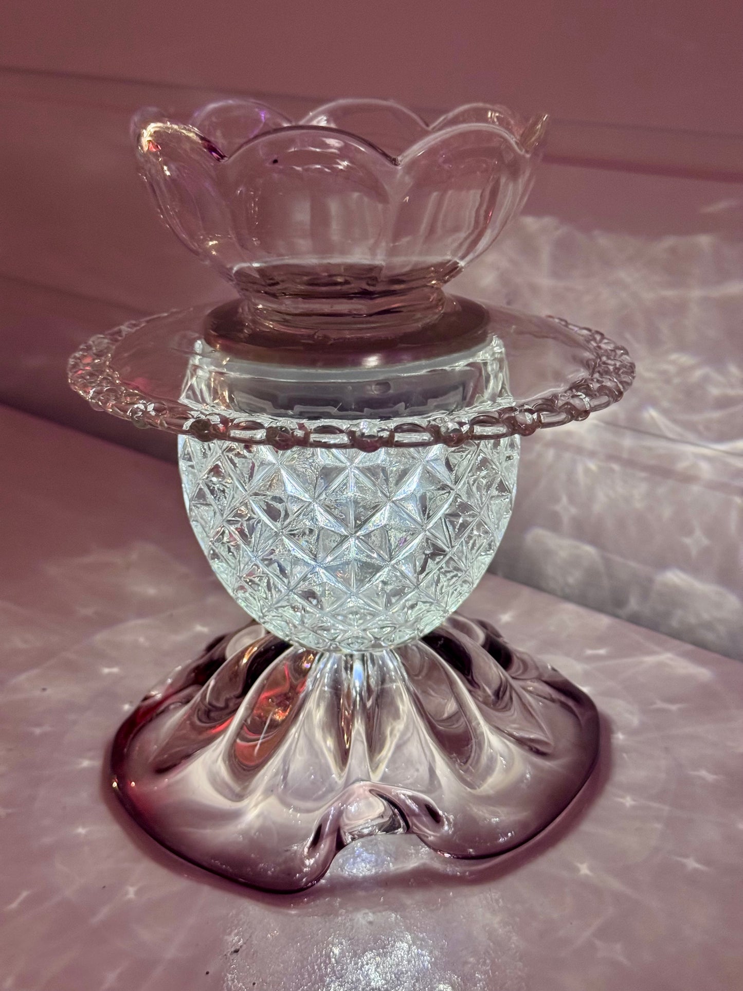 Vintage solcellelampe lilla Chribska krystall og glasskål