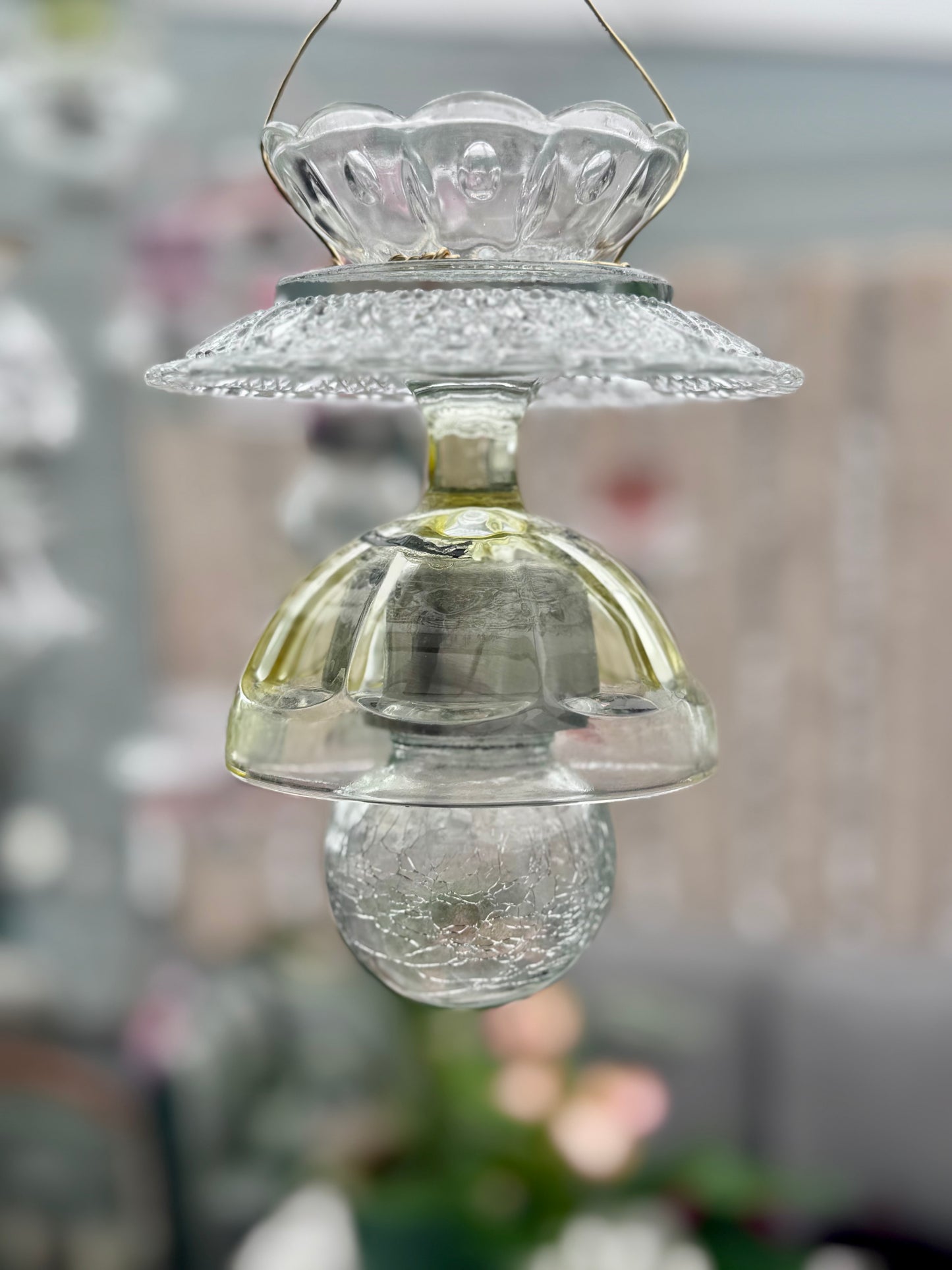 Vintage Solcellelampe hengelykt - lysegul og klart glass