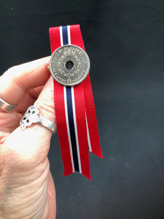 Vintage 17 Mai sløyfe - 1 krone Kong Håkon «Alt for Norge»
