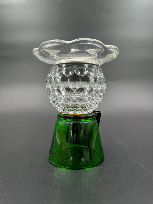 Mini Solcellelampe flaskegrønn fot og fat i klart glass